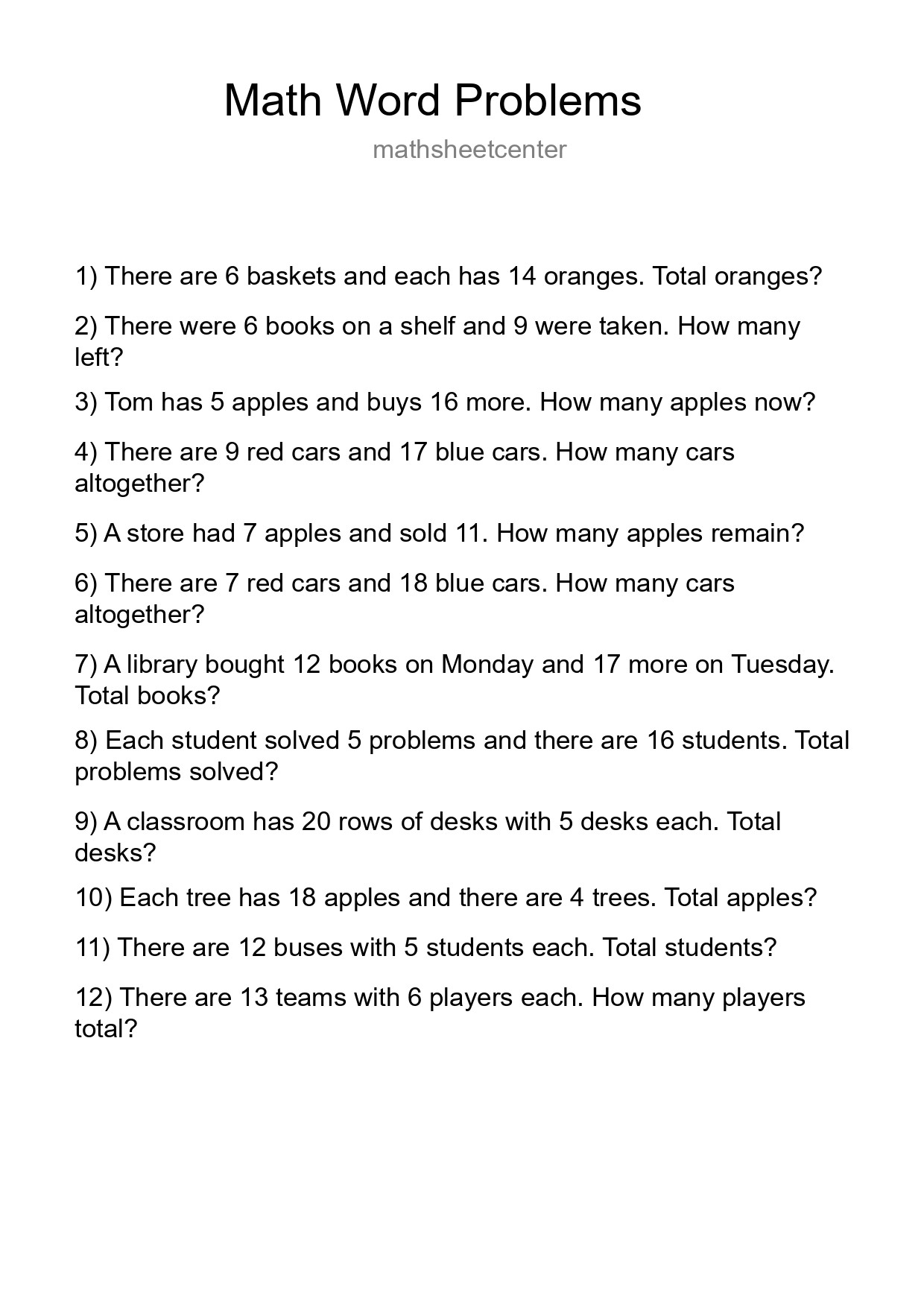 Math Word Problem Worksheet
