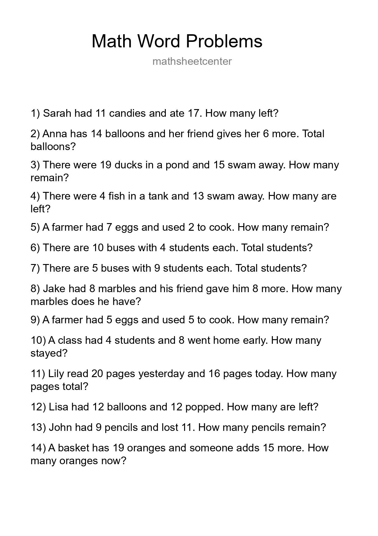 Math Word Problem Worksheet