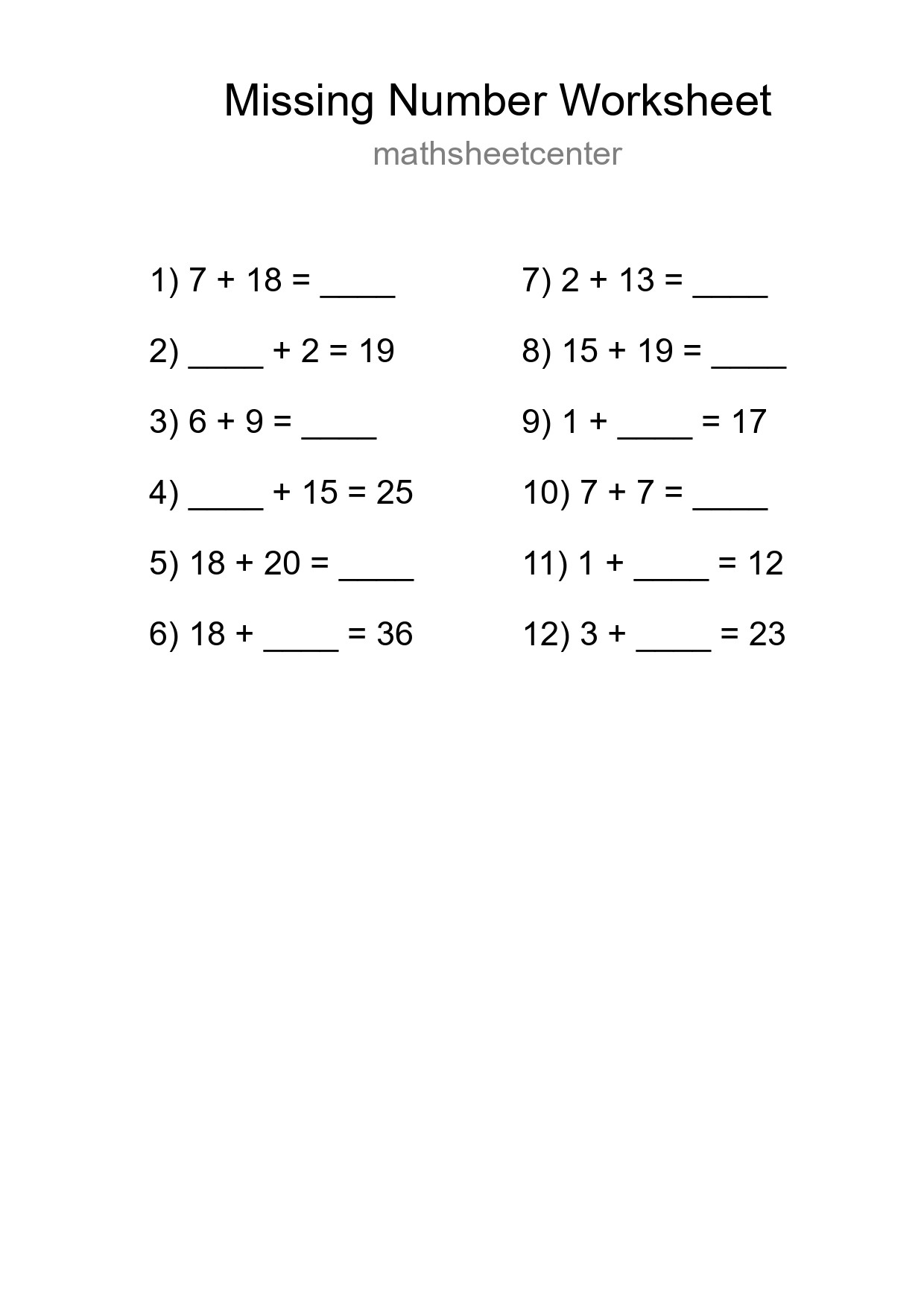 Missing Number Math Worksheet