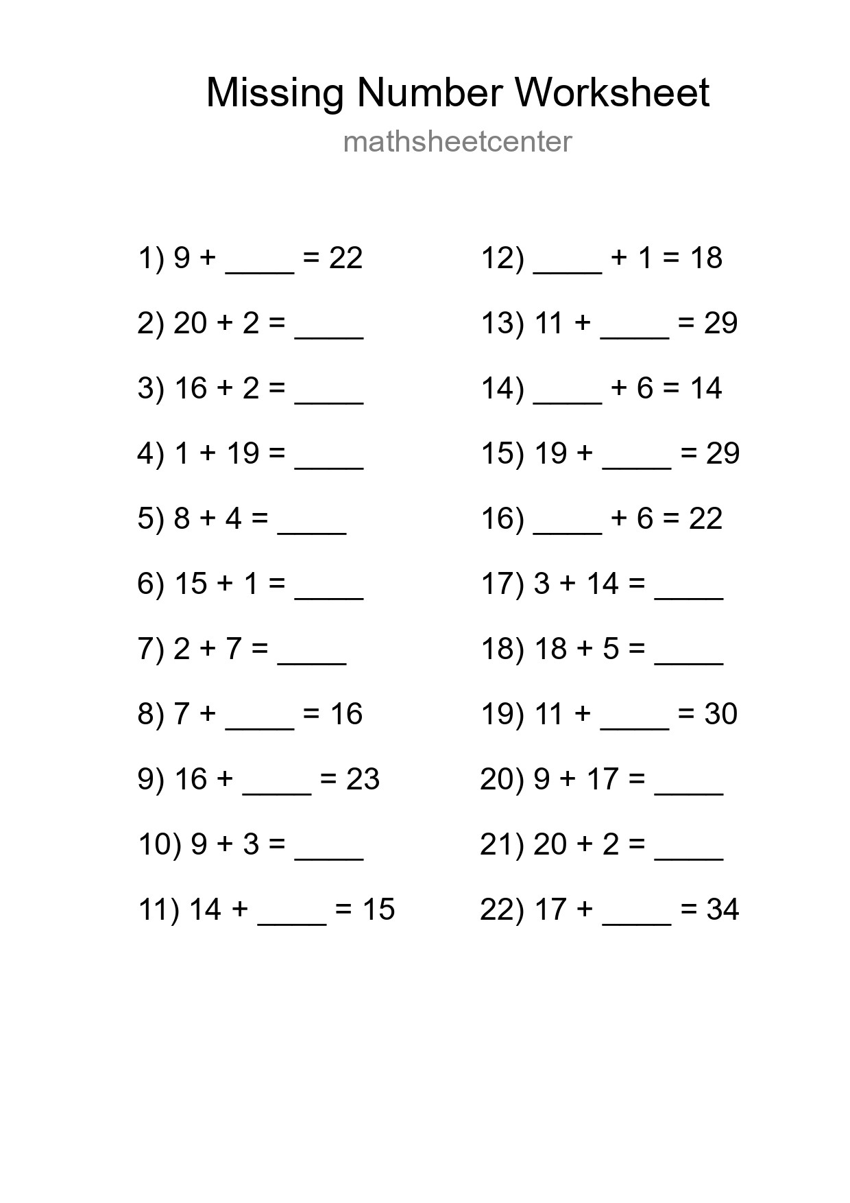 Missing Number Math Worksheet
