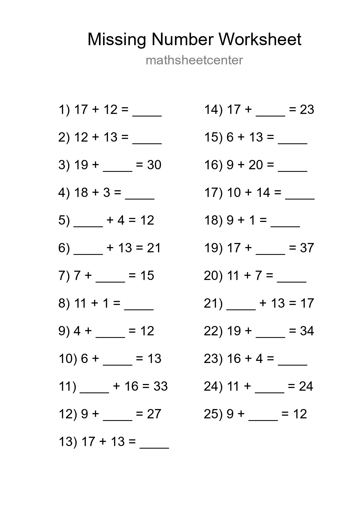 Missing Number Math Worksheet