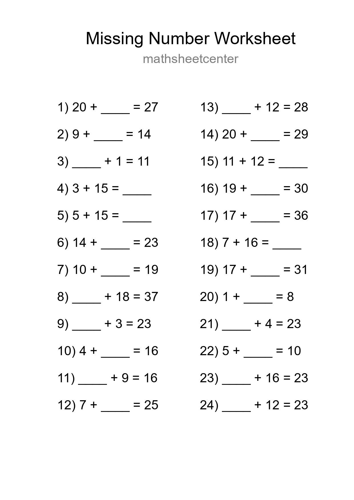 Missing Number Math Worksheet