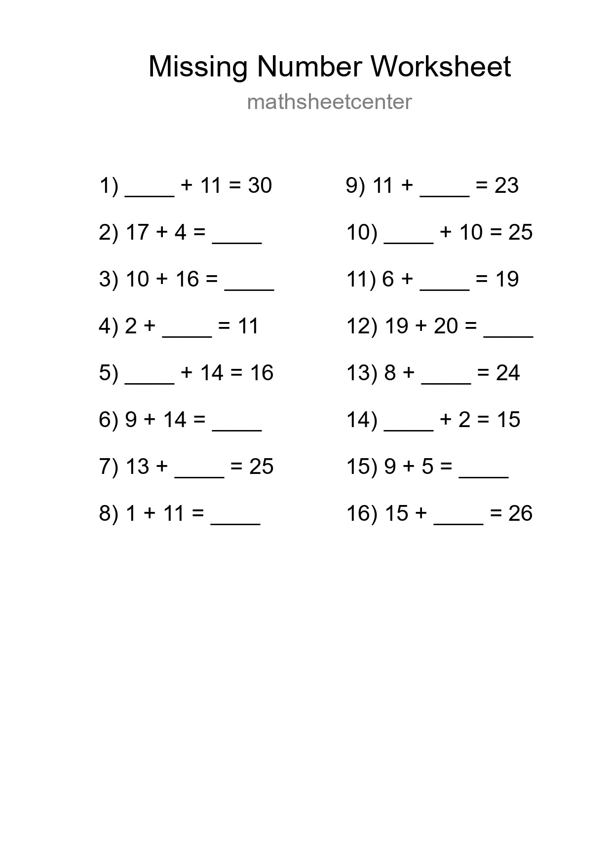 Missing Number Math Worksheet