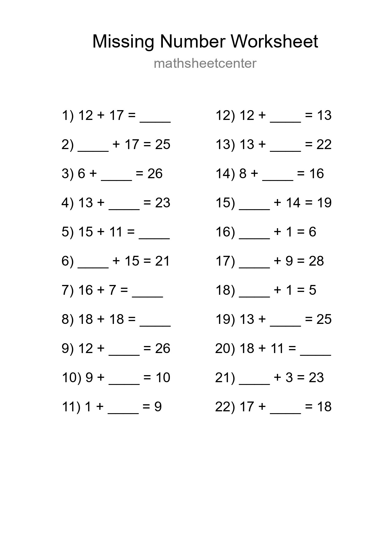 Missing Number Math Worksheet