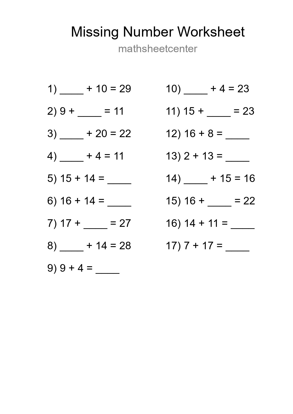Missing Number Math Worksheet