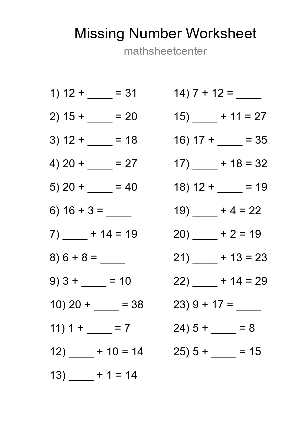 Missing Number Math Worksheet