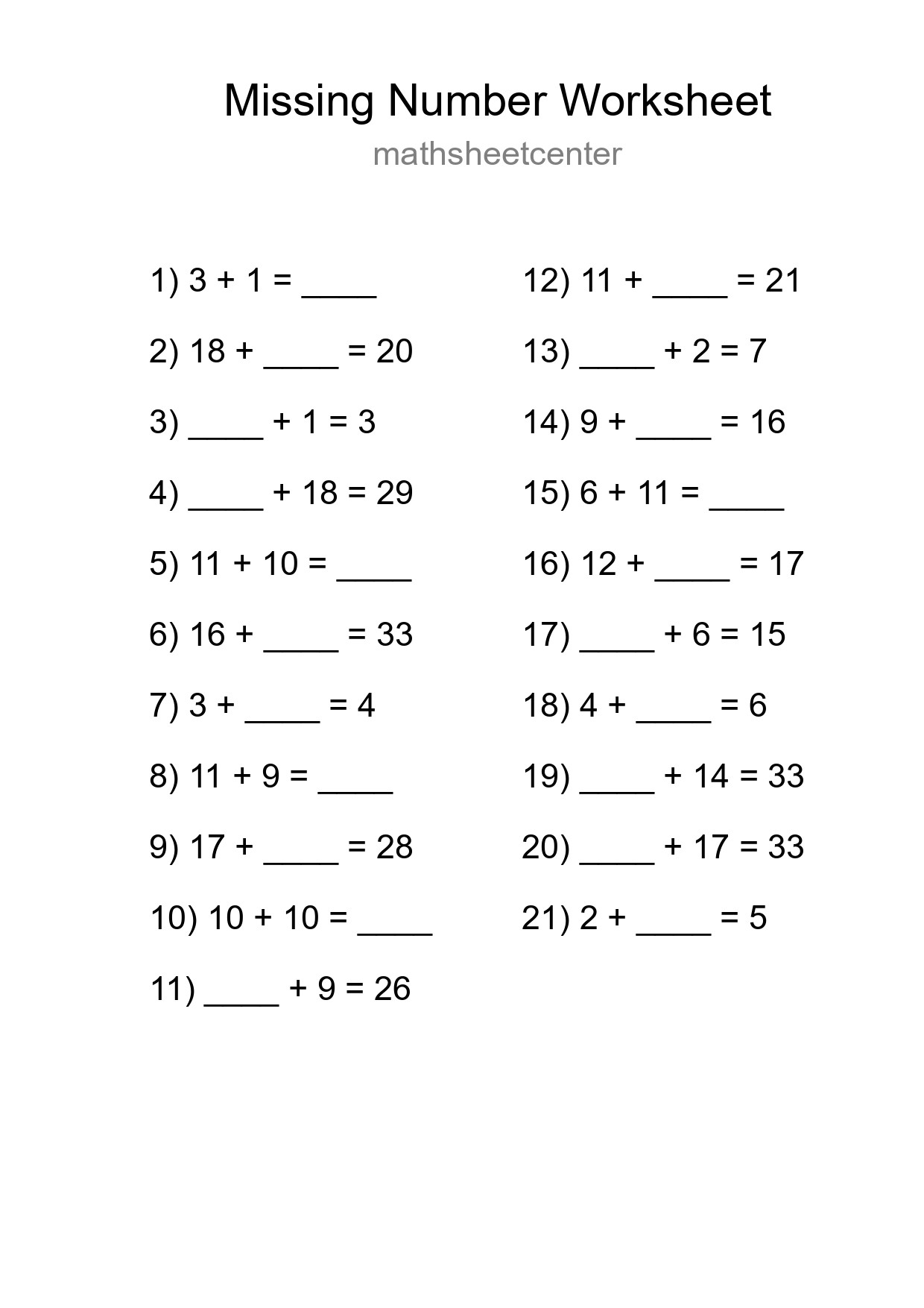 Missing Number Math Worksheet