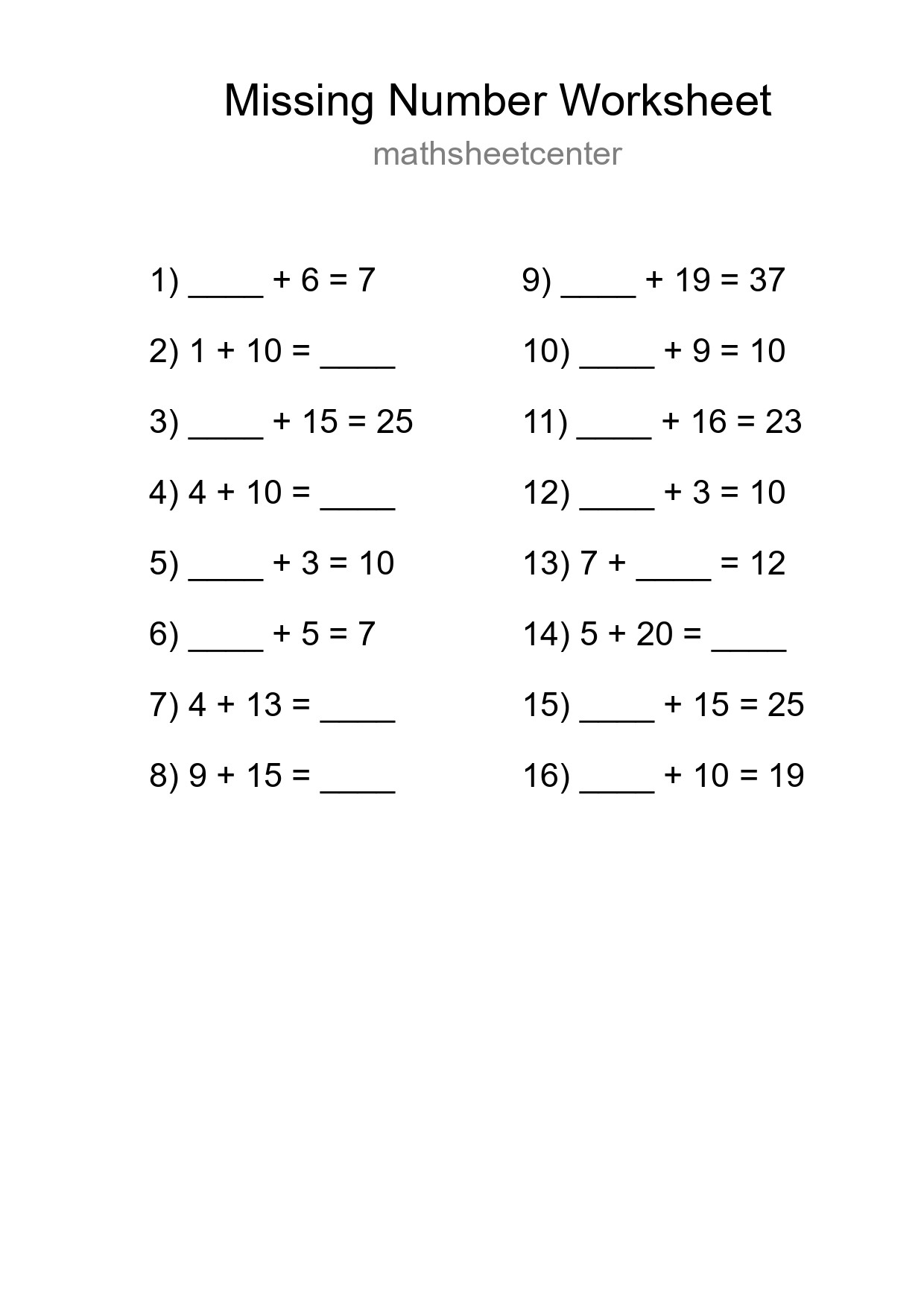 Missing Number Math Worksheet