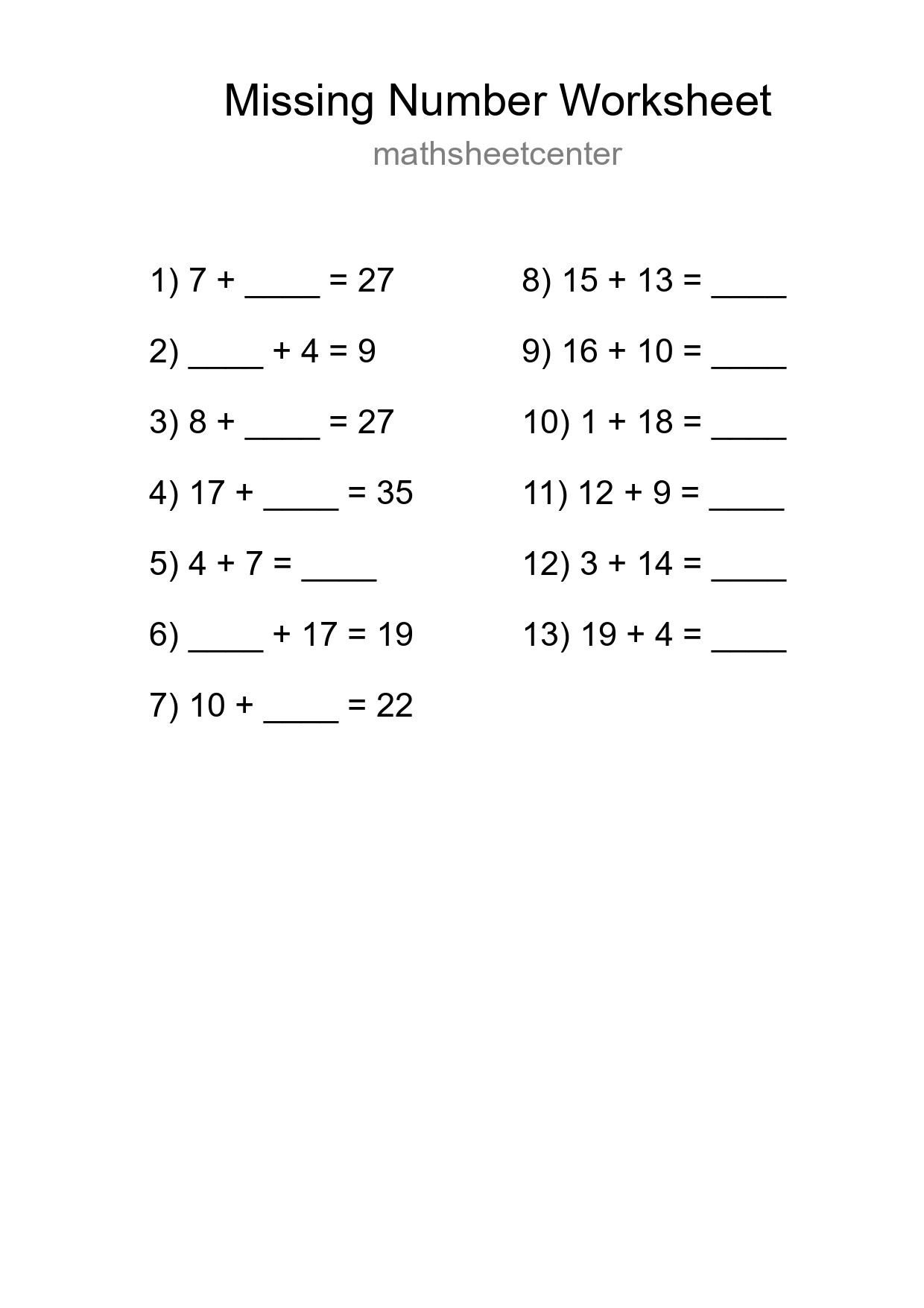 Missing Number Math Worksheet