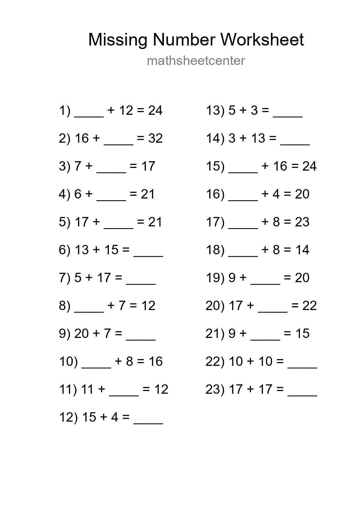 Missing Number Math Worksheet