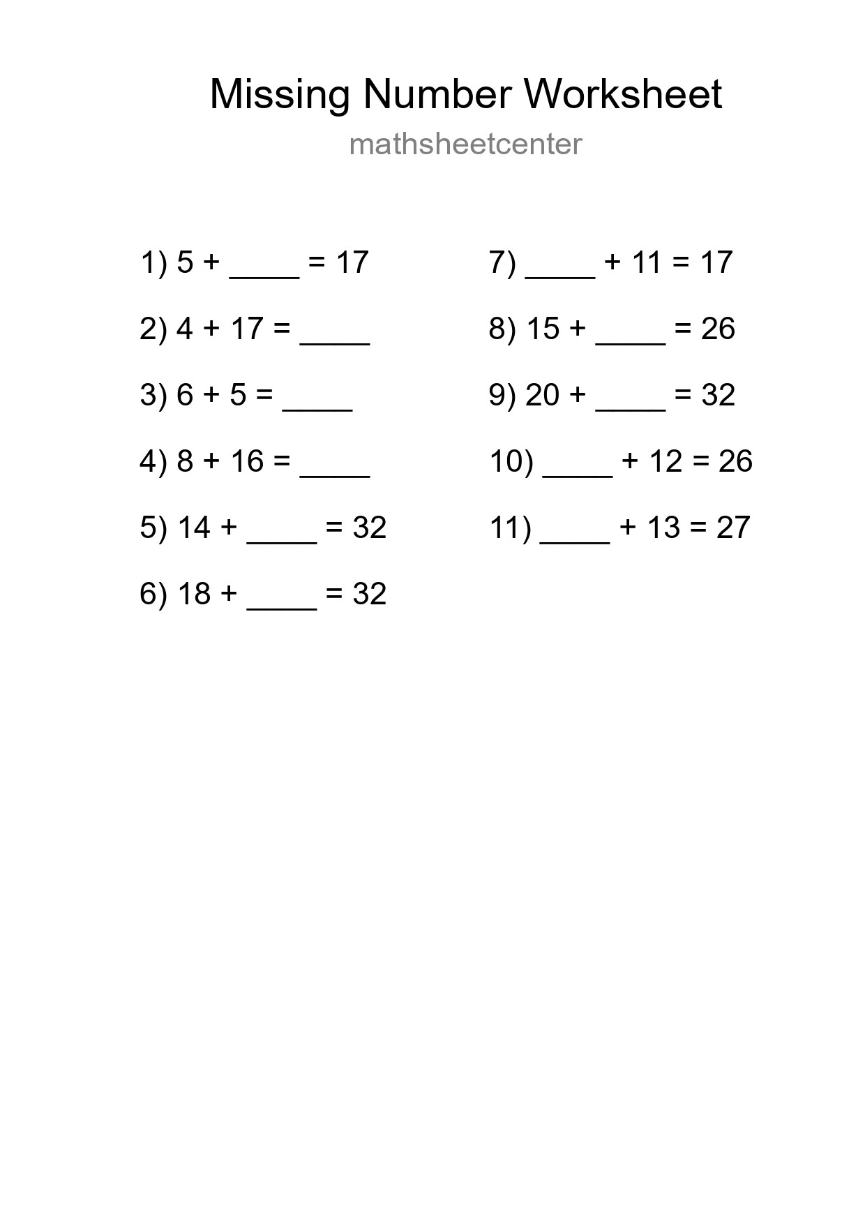 Missing Number Math Worksheet