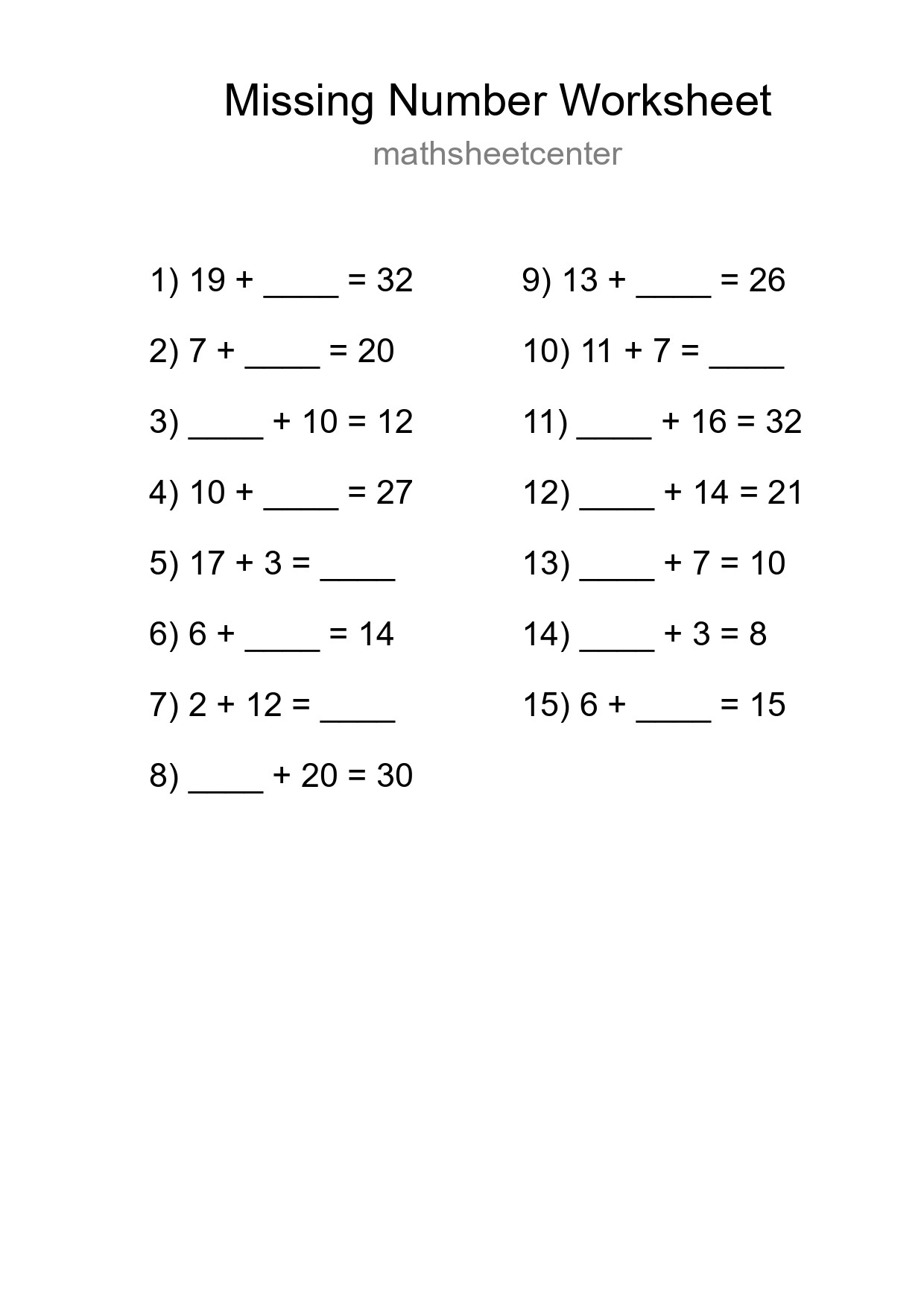 Missing Number Math Worksheet