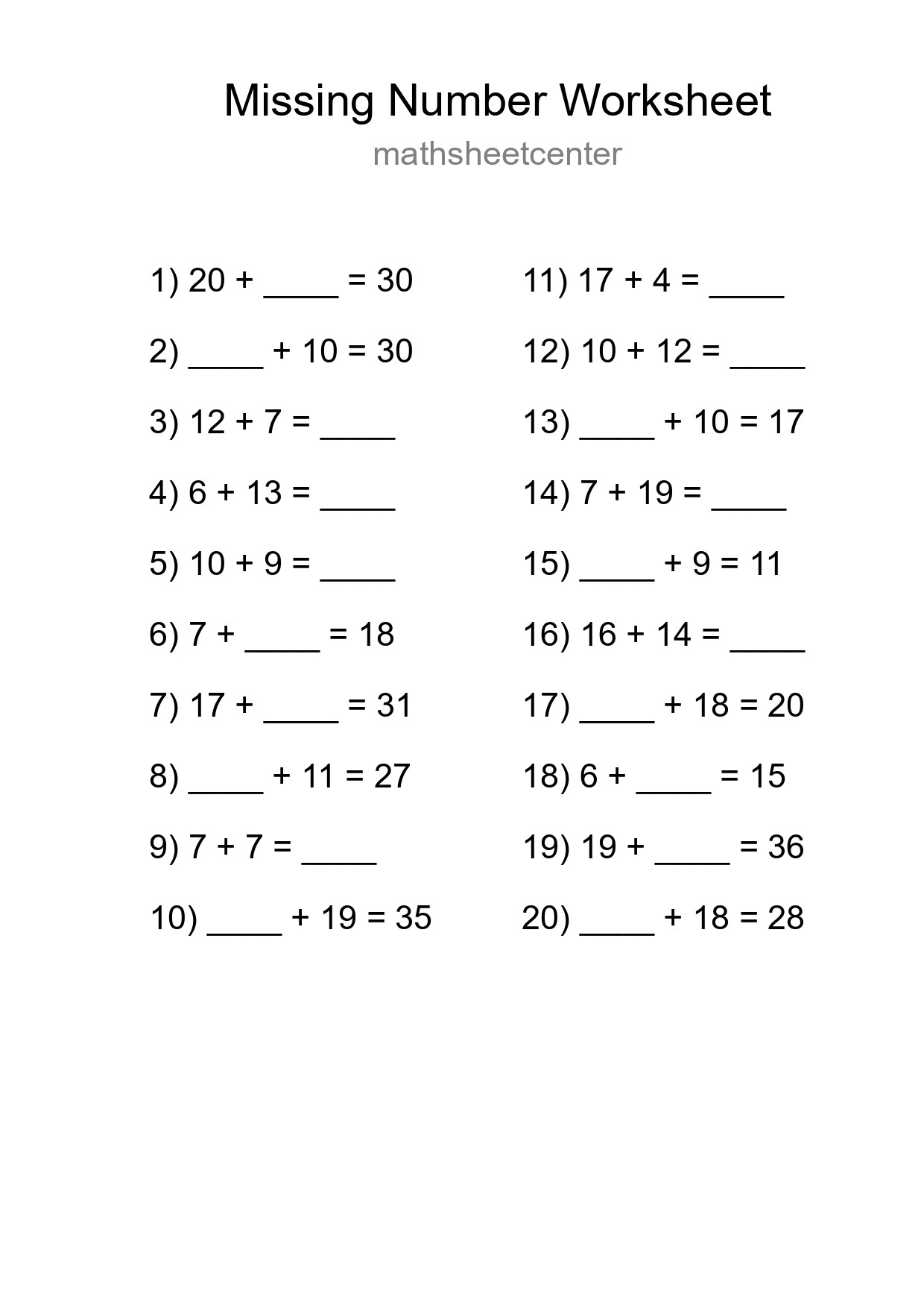 Missing Number Math Worksheet