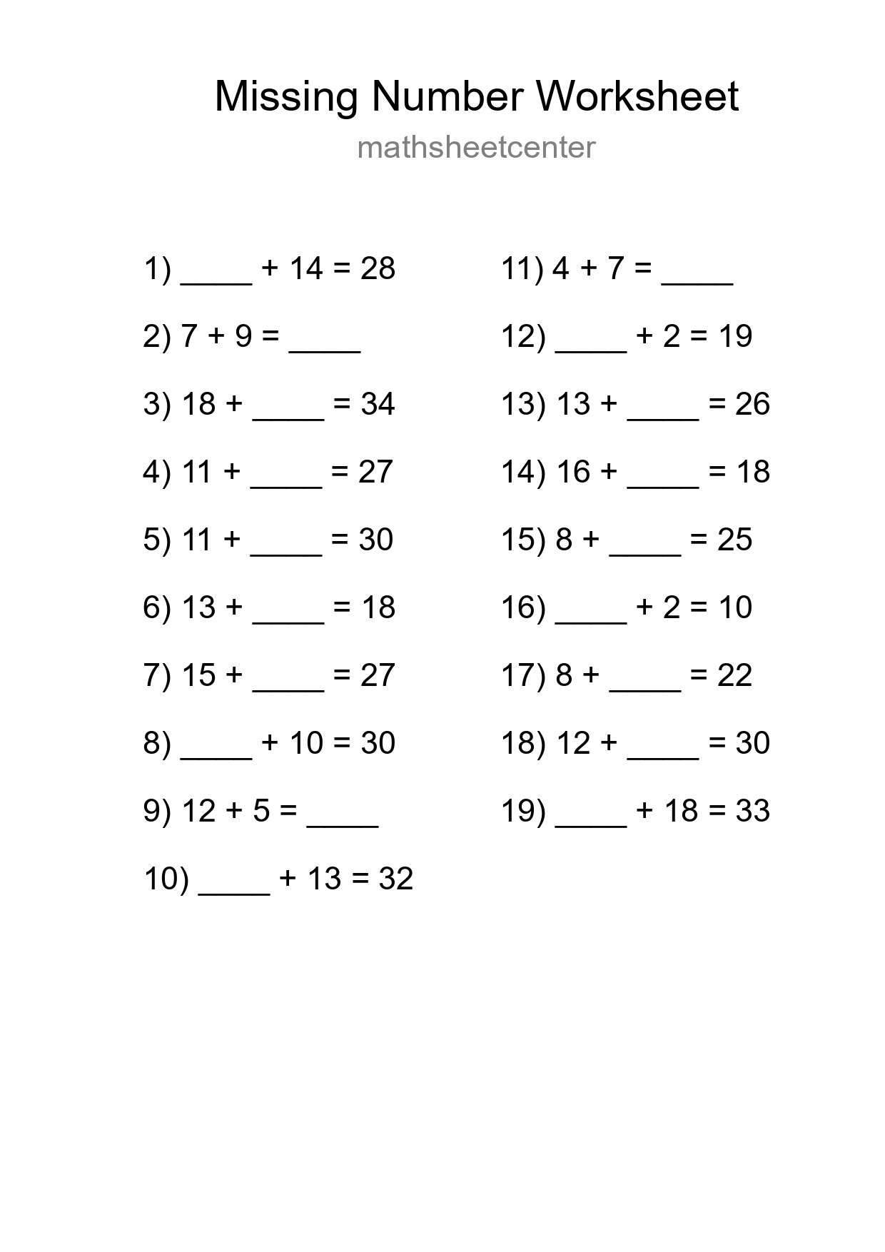 Missing Number Math Worksheet
