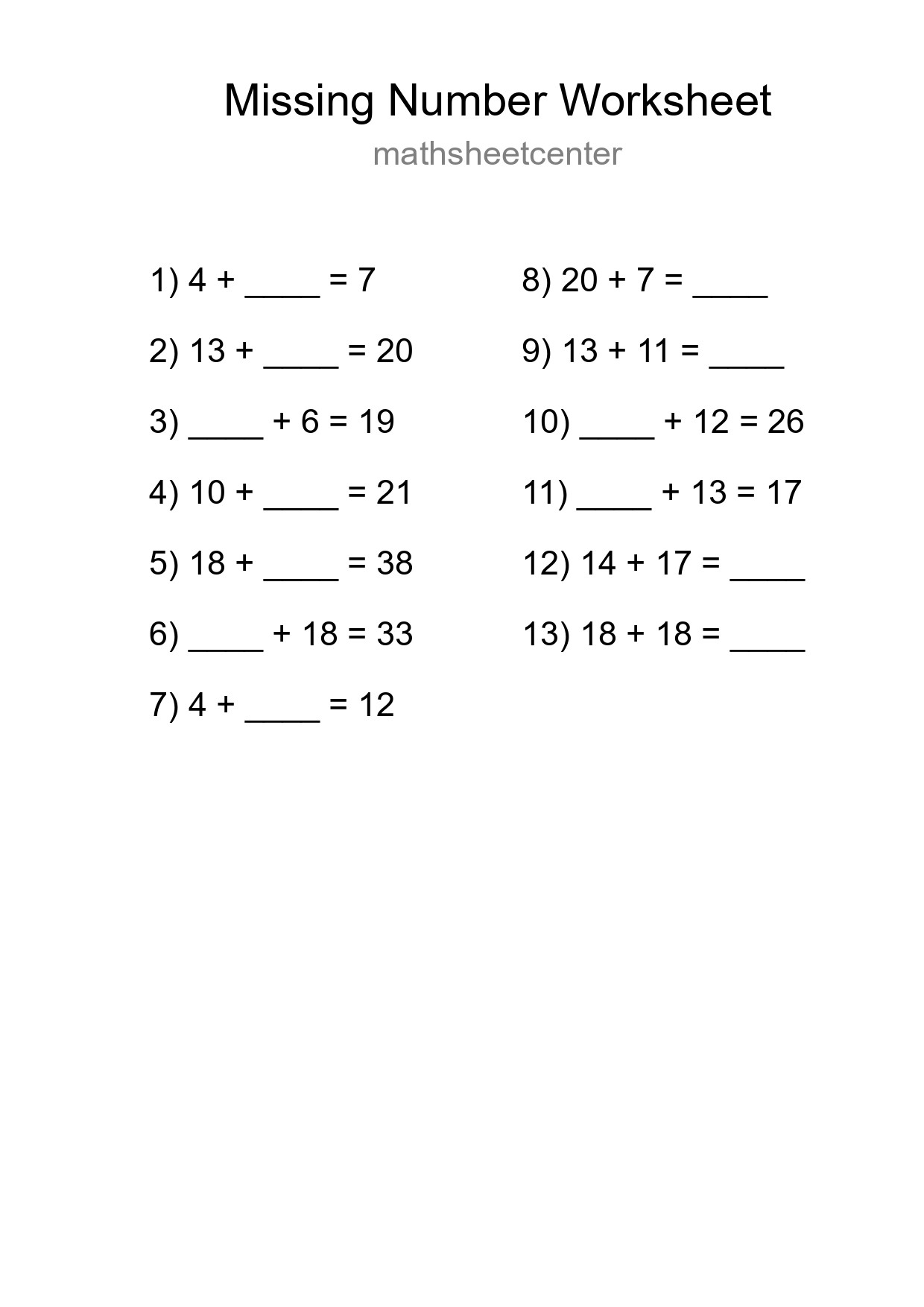 Missing Number Math Worksheet