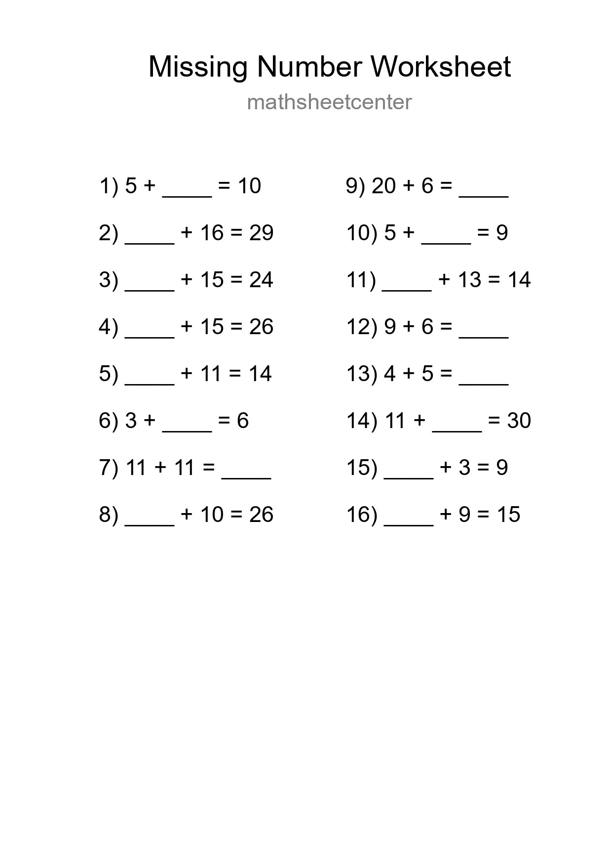 Missing Number Math Worksheet
