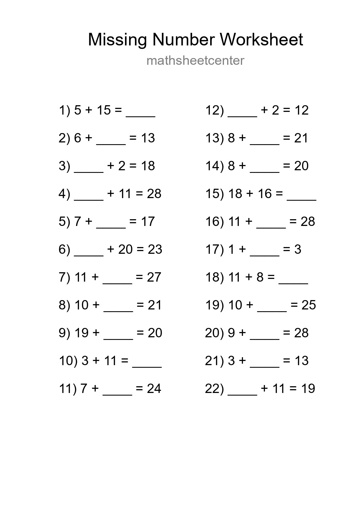 Missing Number Math Worksheet