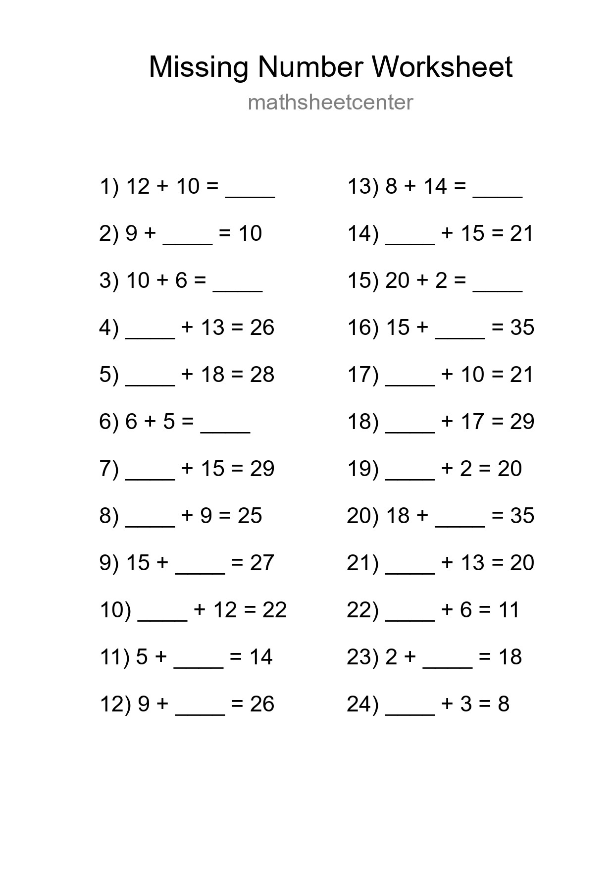 Missing Number Math Worksheet