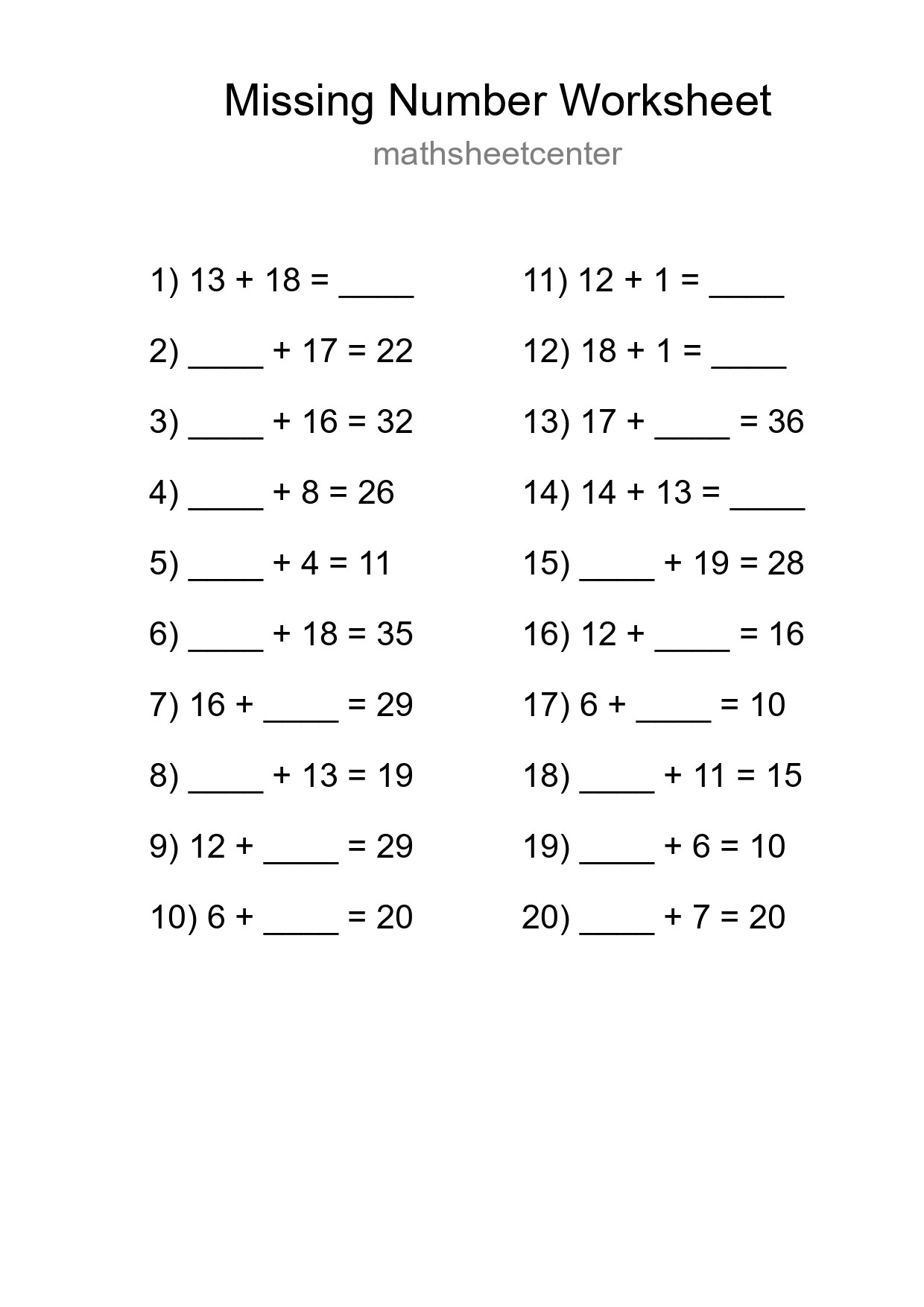 Missing Number Math Worksheet