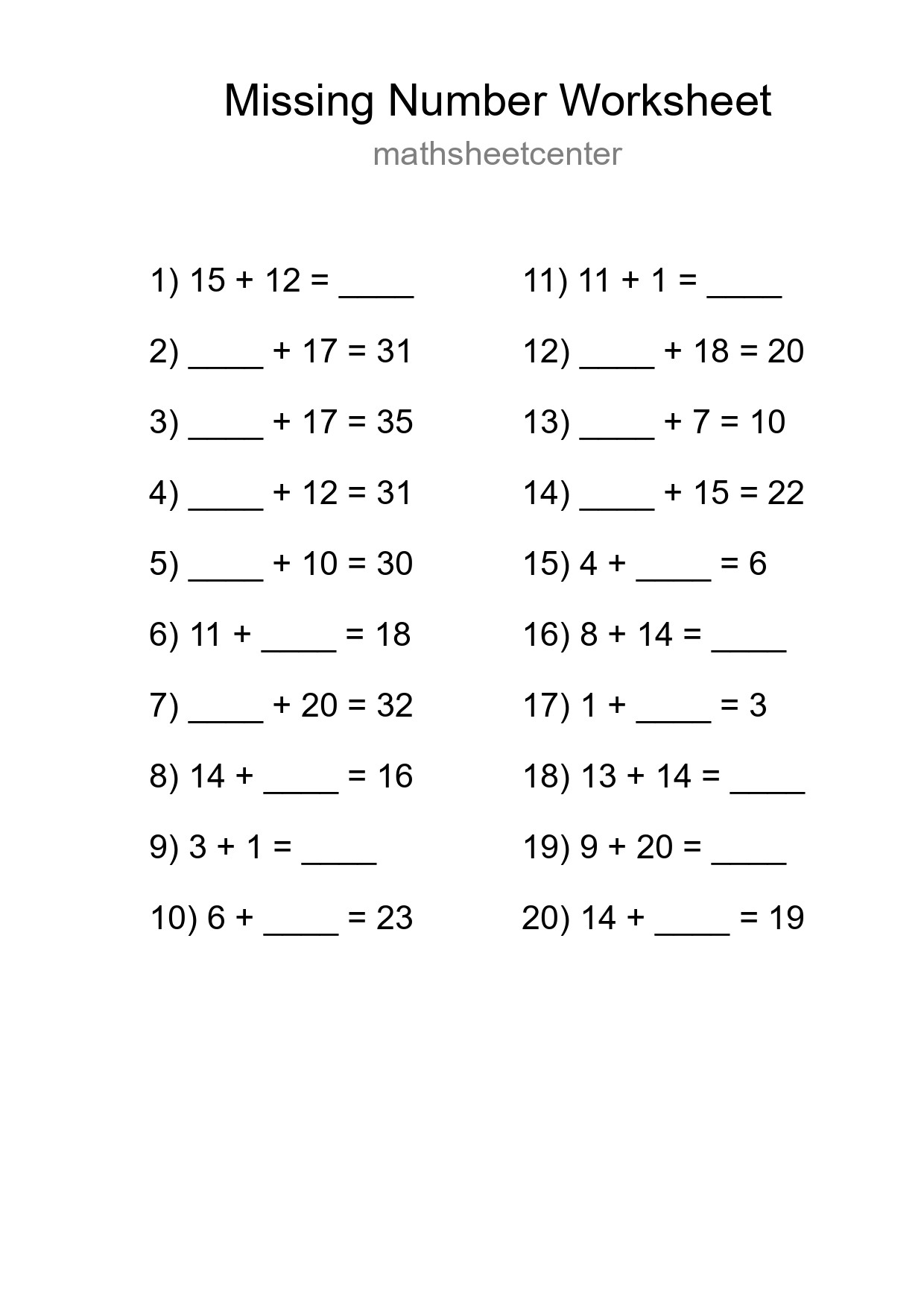 Missing Number Math Worksheet