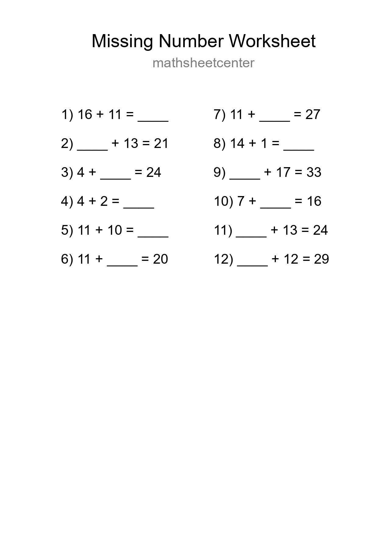 Missing Number Math Worksheet