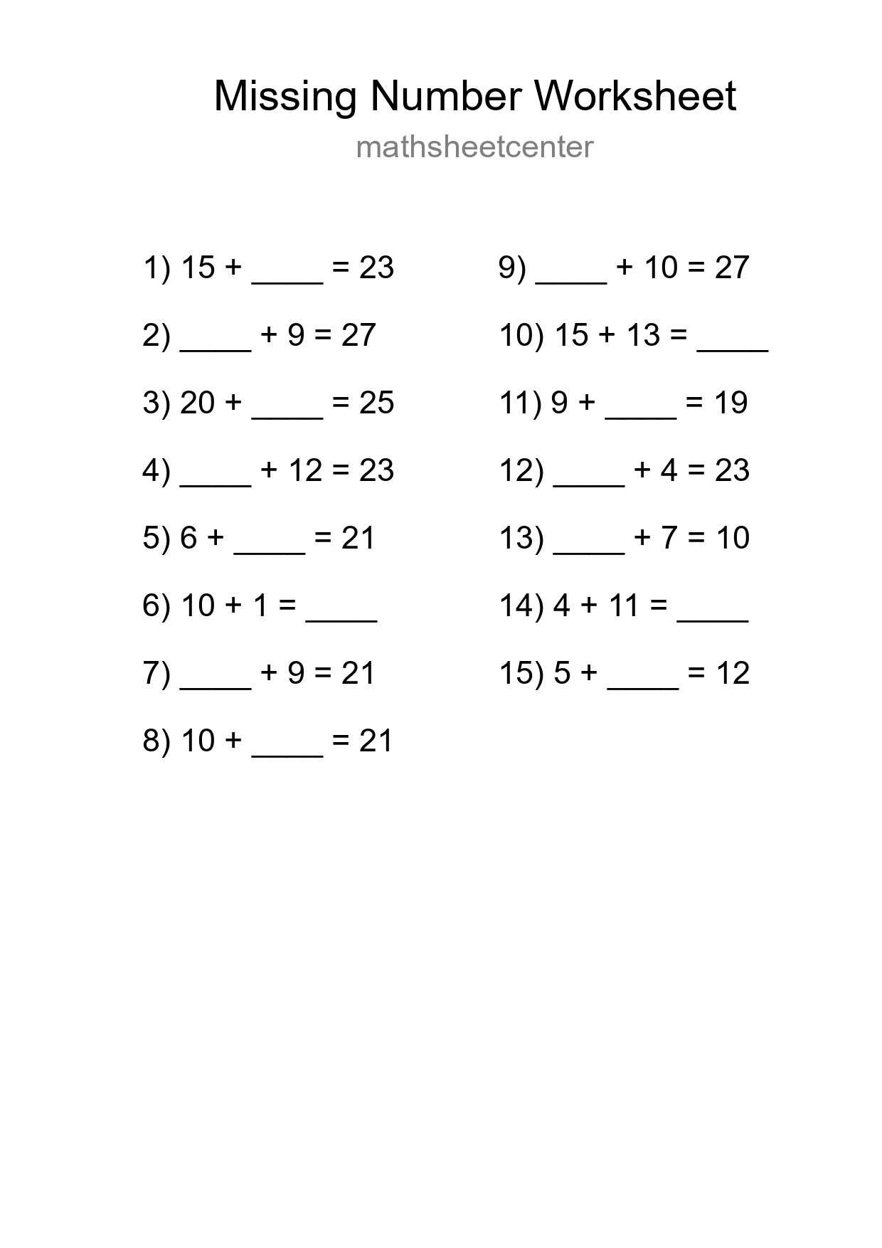 Missing Number Math Worksheet