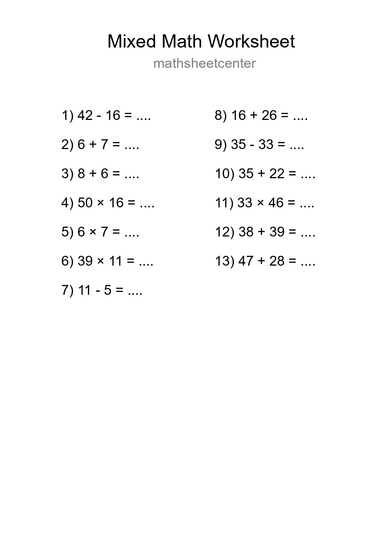 Mixed Operations Math Worksheet