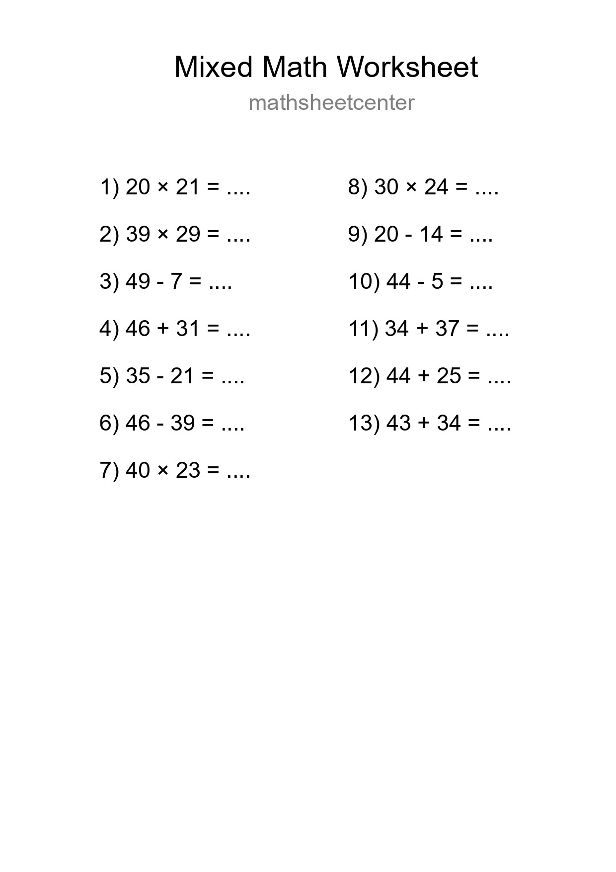 Mixed Operations Math Worksheet