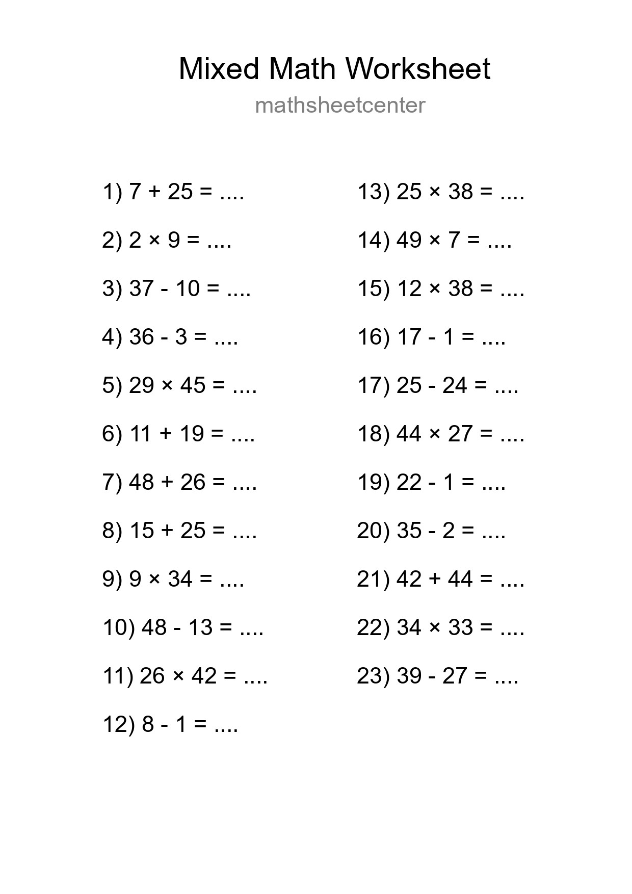 Mixed Operations Math Worksheet