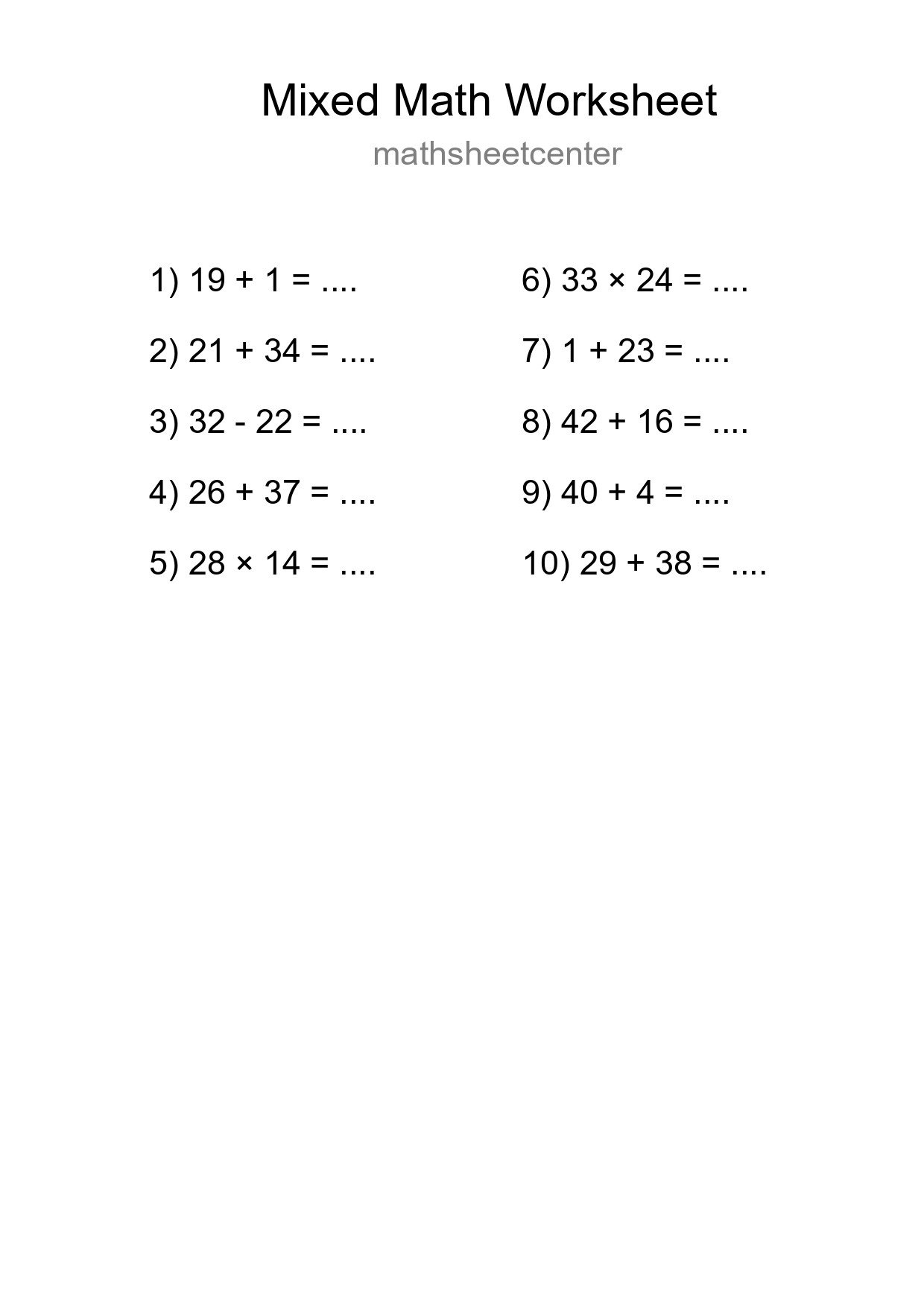 Mixed Operations Math Worksheet