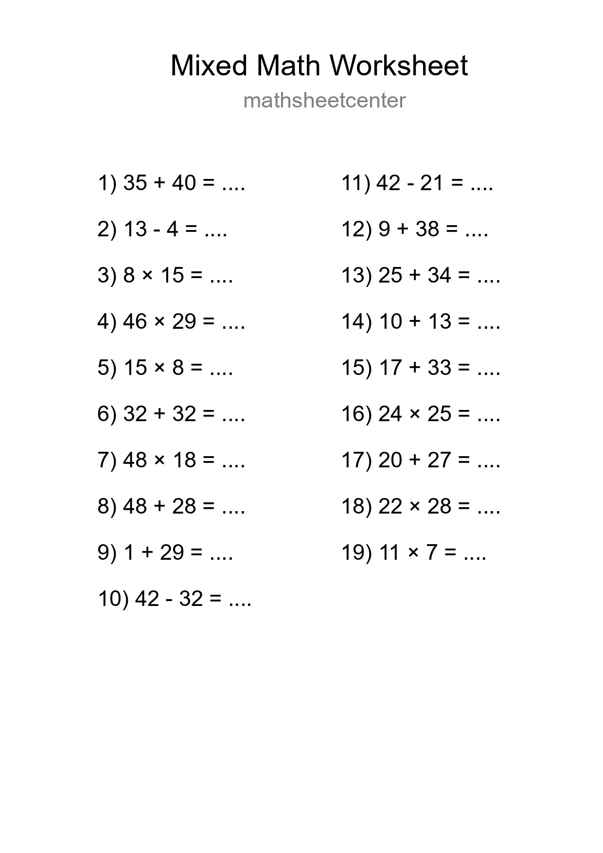 Mixed Operations Math Worksheet