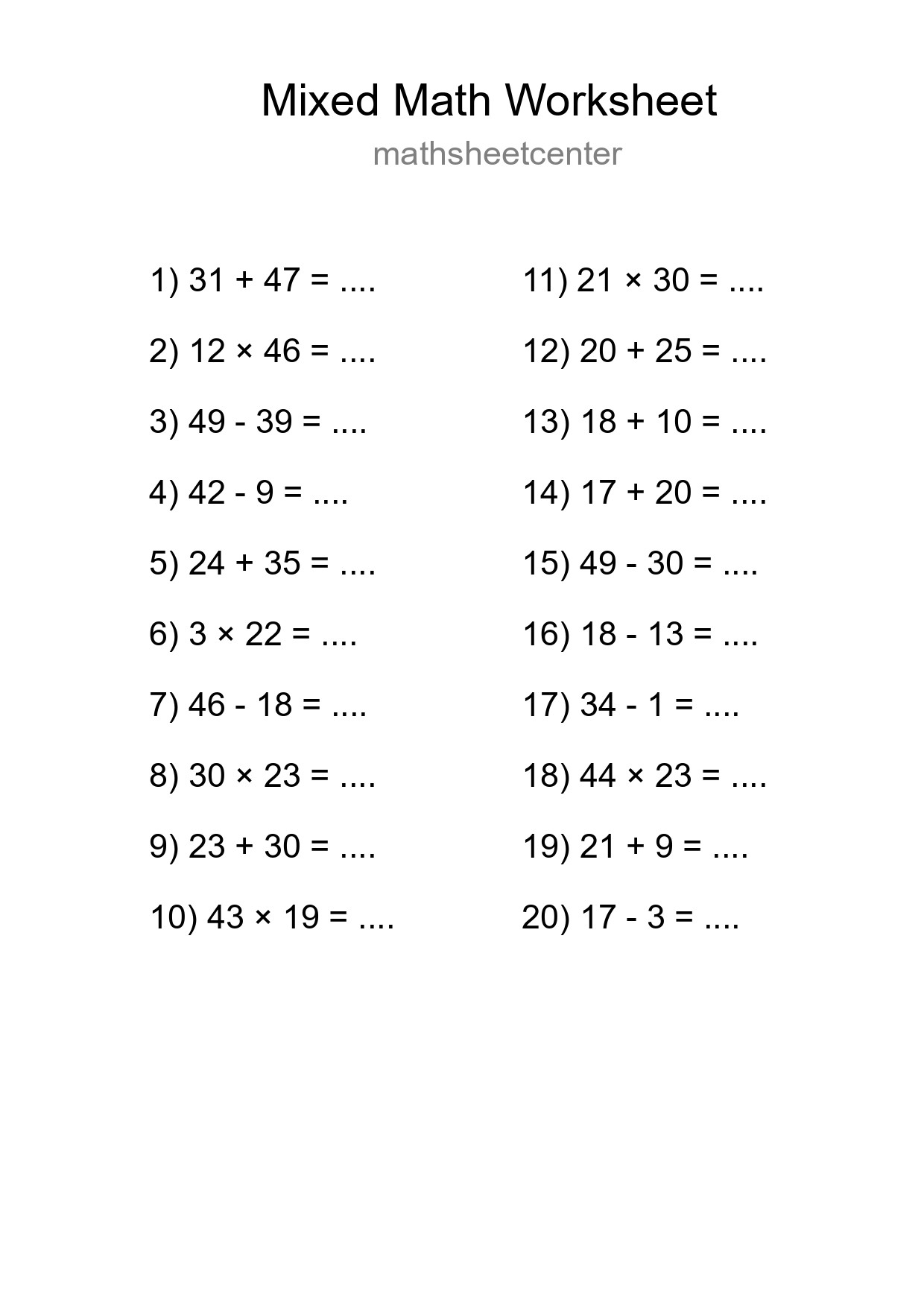 Mixed Operations Math Worksheet