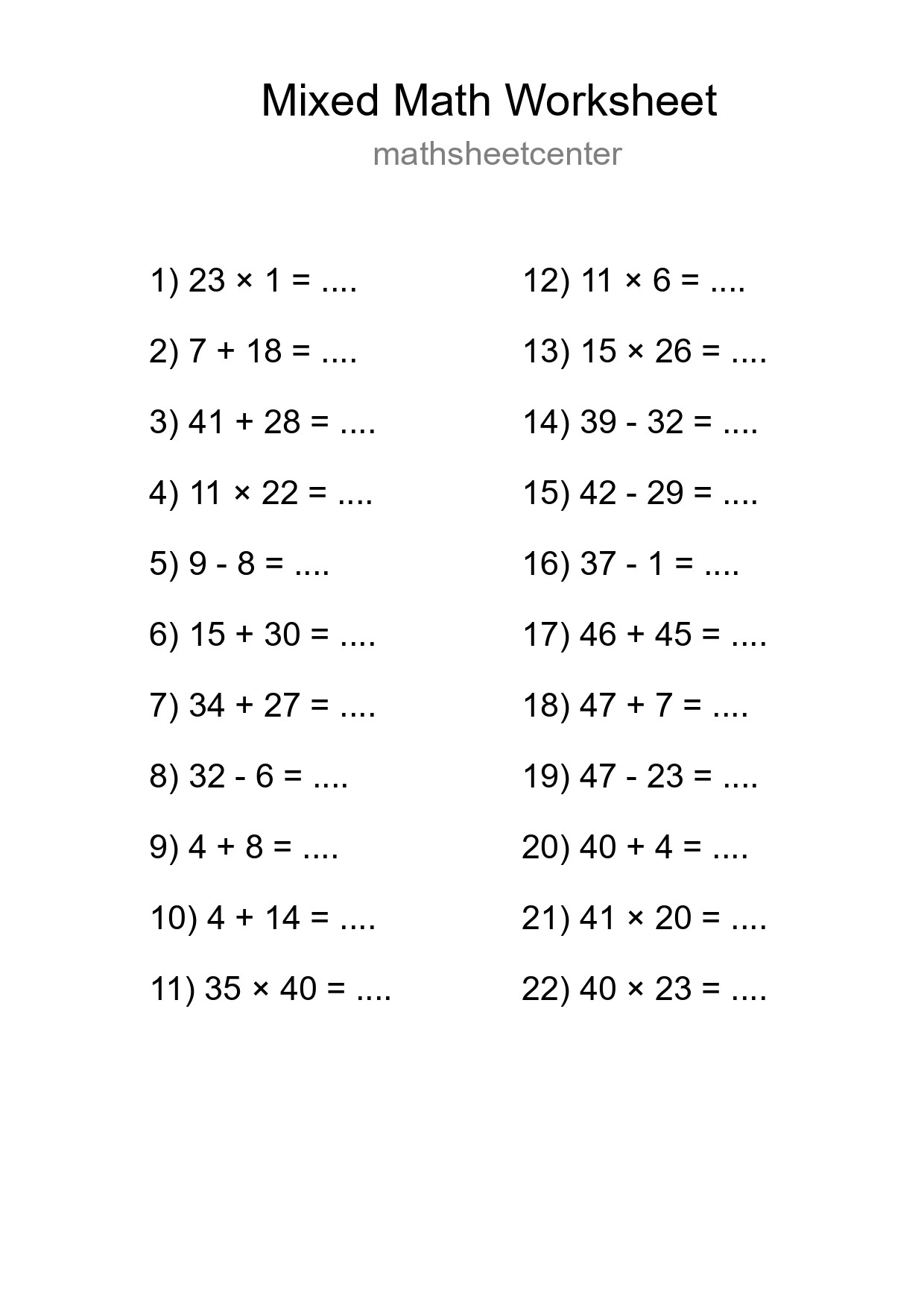 Mixed Operations Math Worksheet