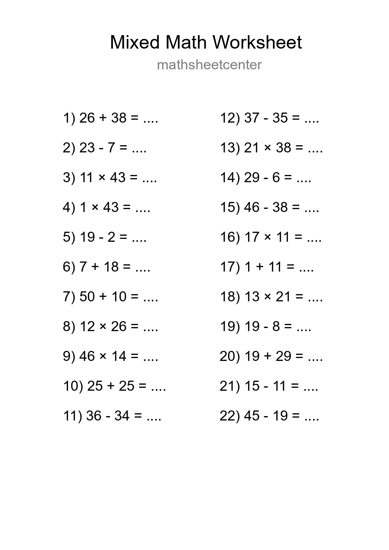 Mixed Operations Math Worksheet