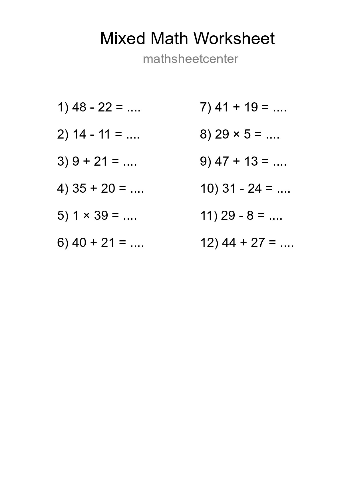 Mixed Operations Math Worksheet