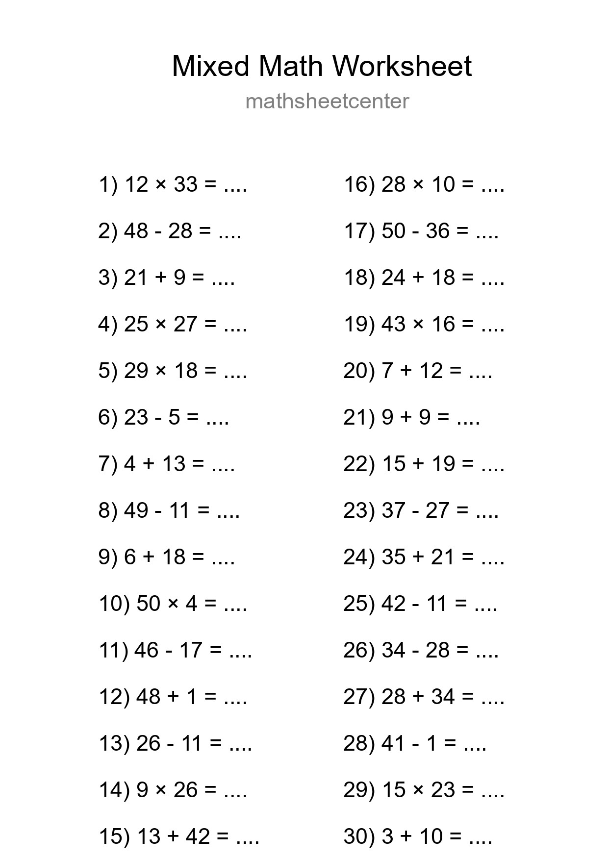 Mixed Operations Math Worksheet