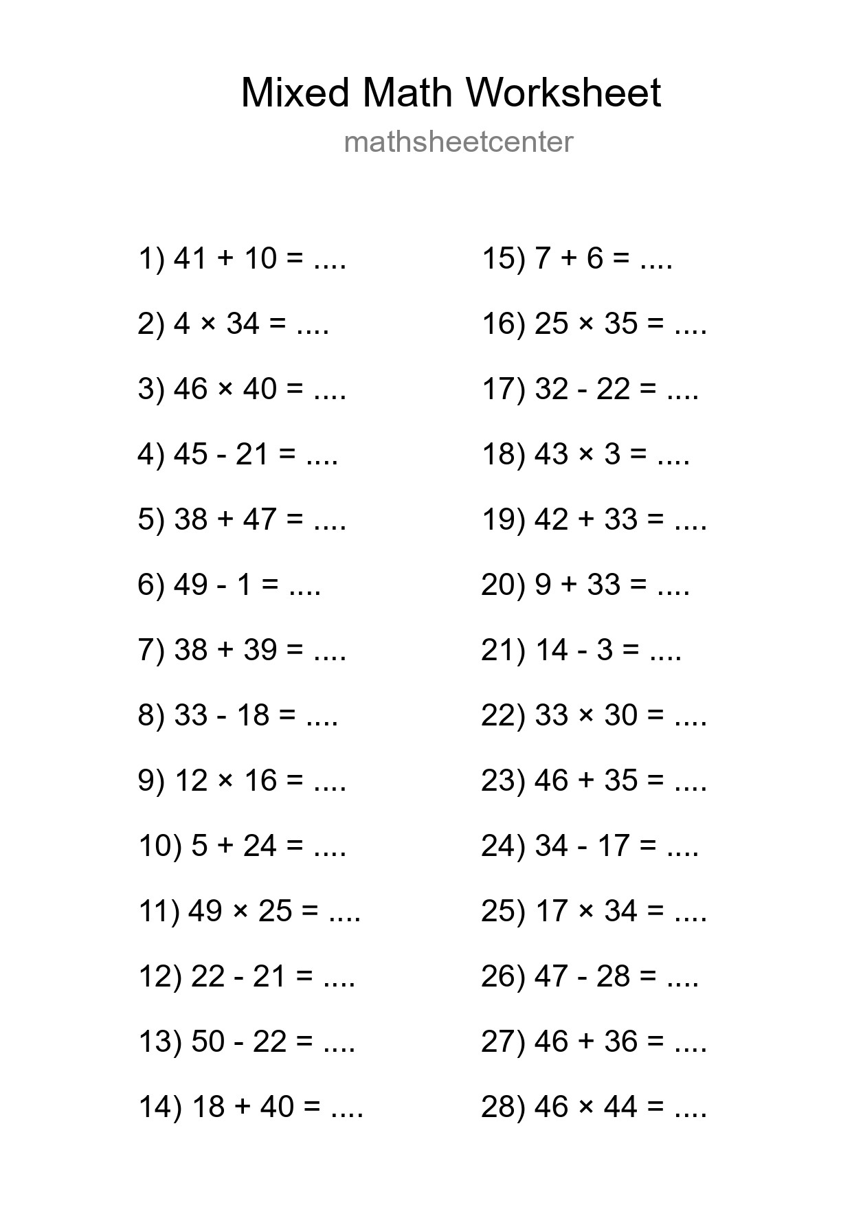 Mixed Operations Math Worksheet