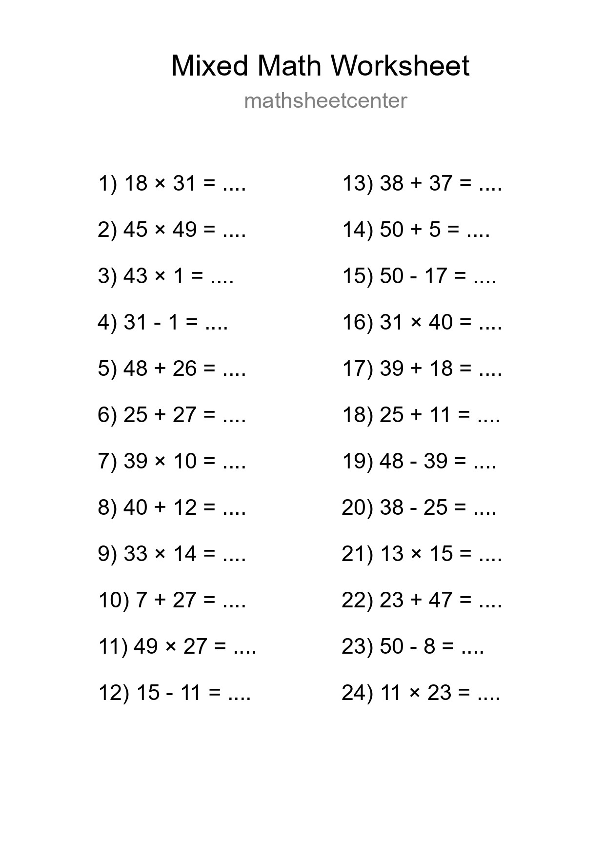 Mixed Operations Math Worksheet