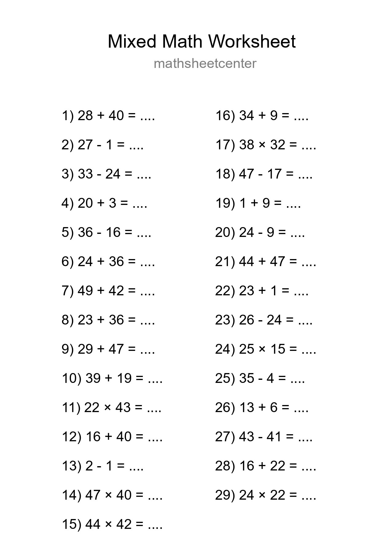Mixed Operations Math Worksheet