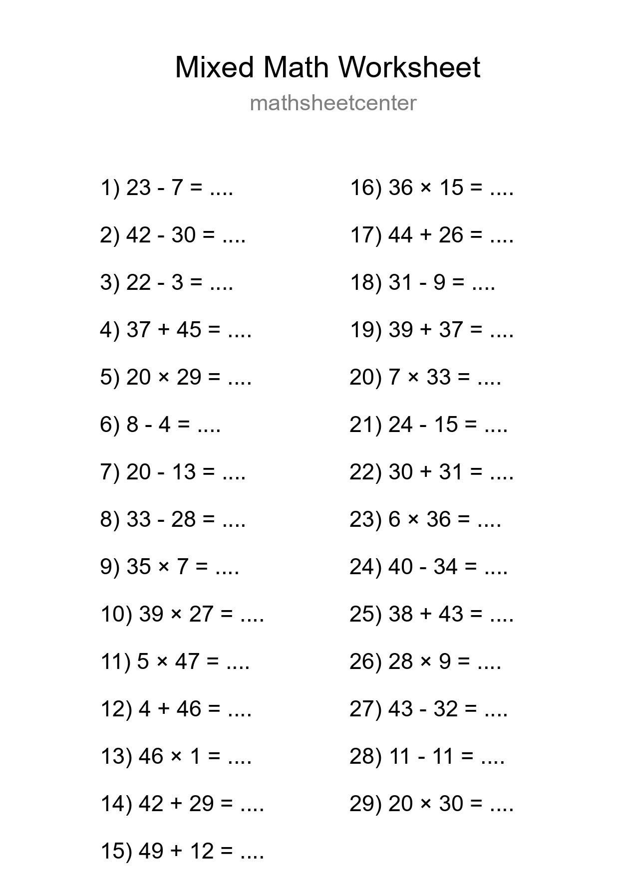 Mixed Operations Math Worksheet