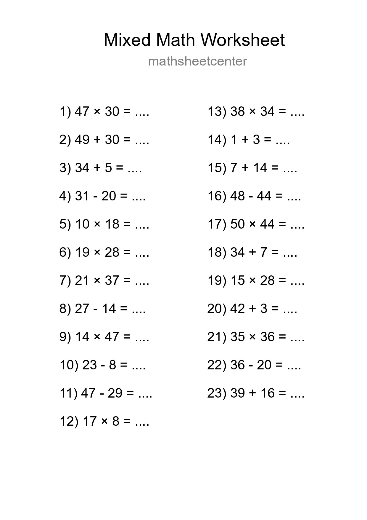 Mixed Operations Math Worksheet