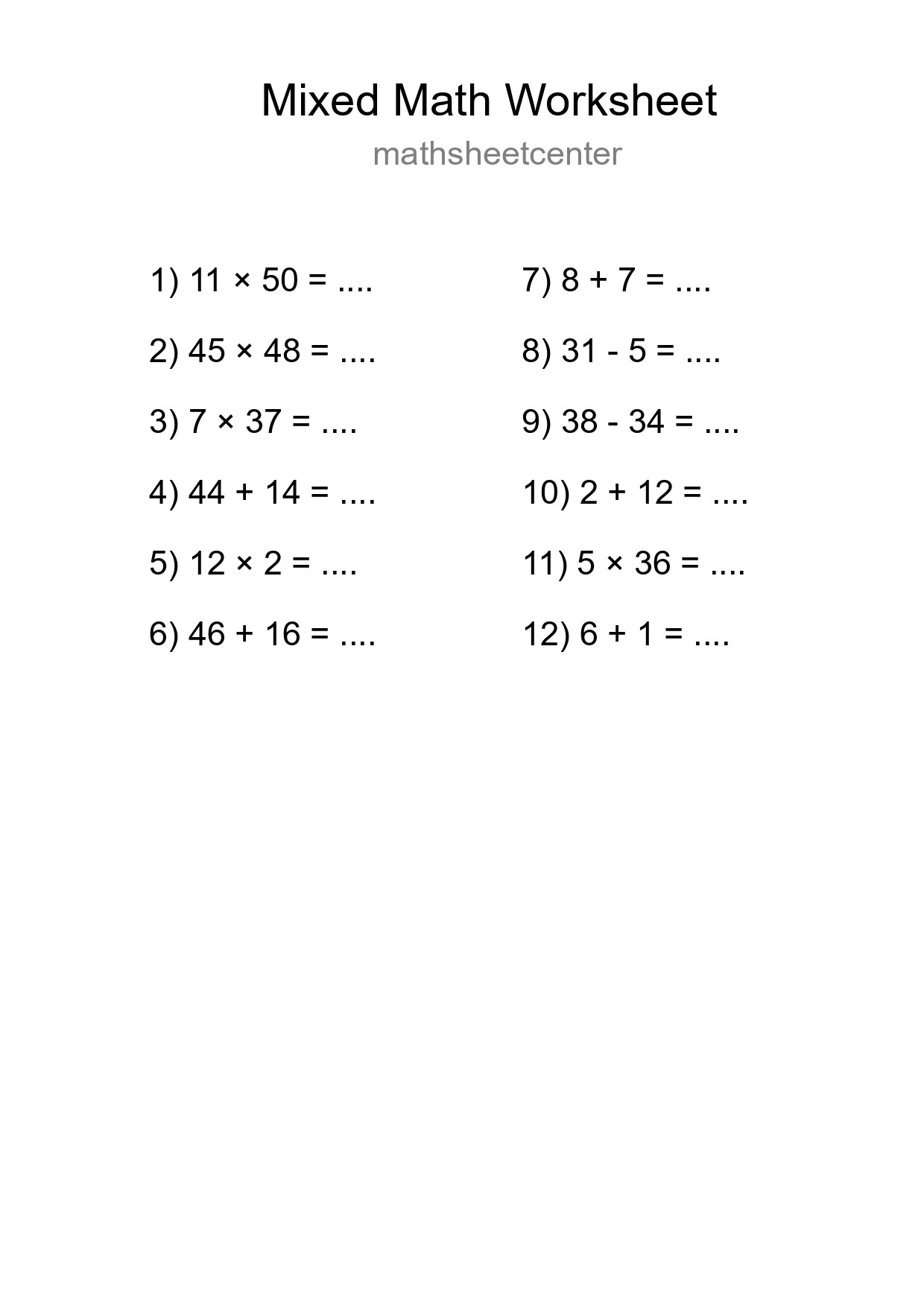 Mixed Operations Math Worksheet