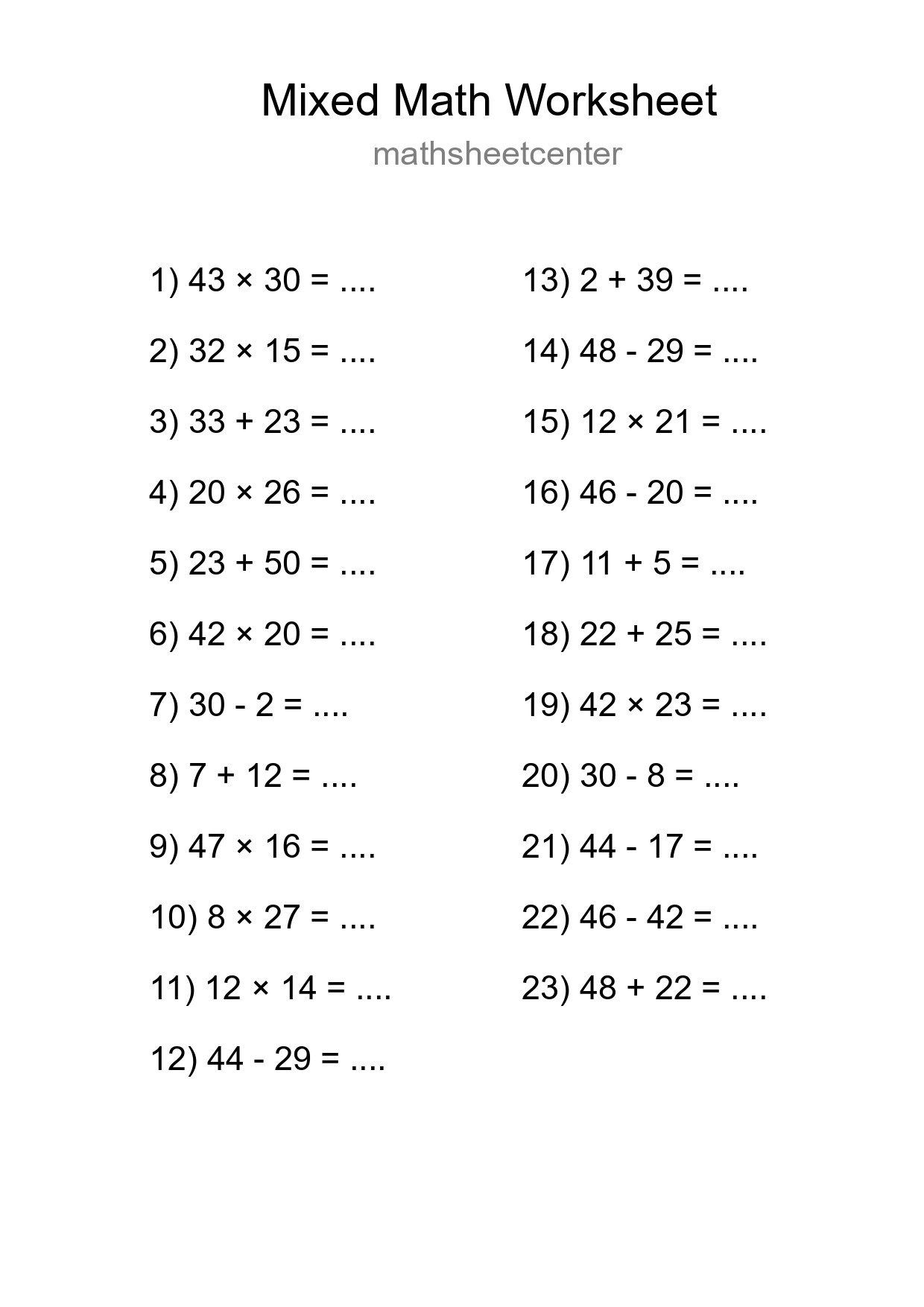 Mixed Operations Math Worksheet
