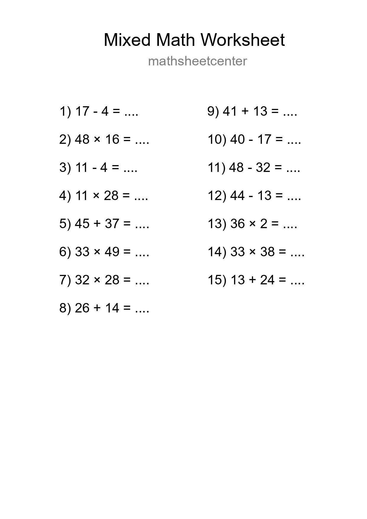 Mixed Operations Math Worksheet