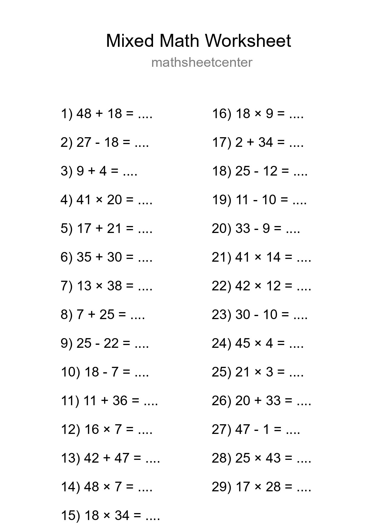 Mixed Operations Math Worksheet
