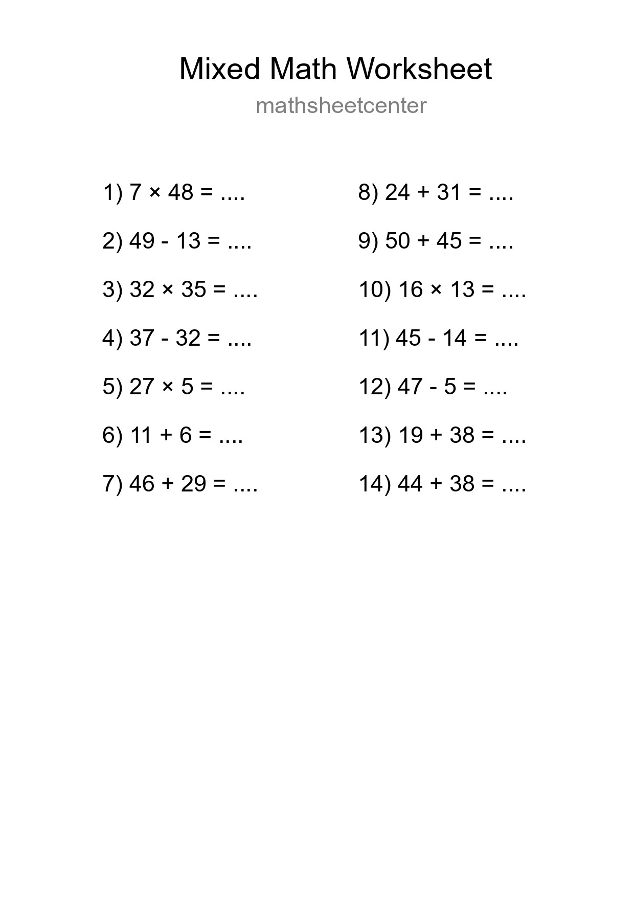 Mixed Operations Math Worksheet