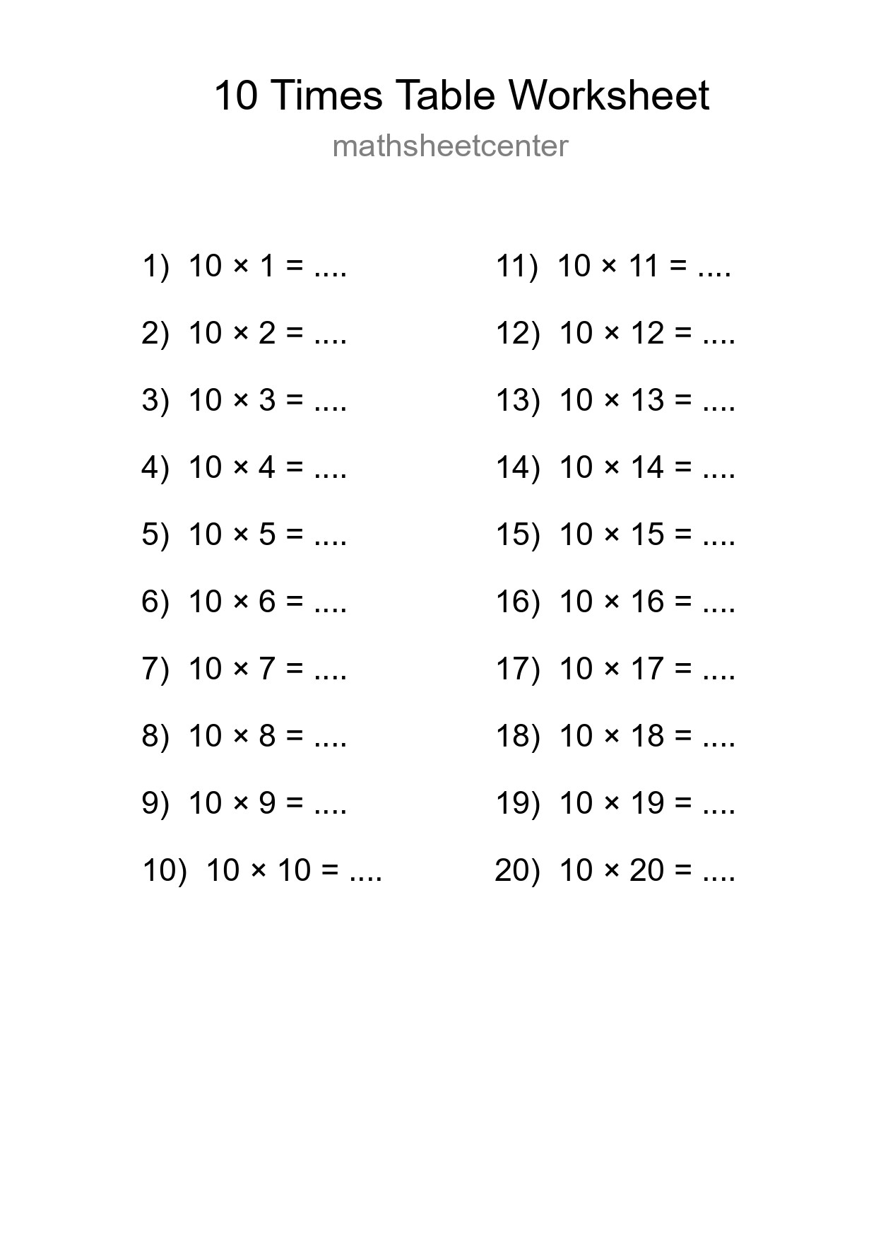 Printable 10 Times Table Worksheet For Grade 3 - Part 273