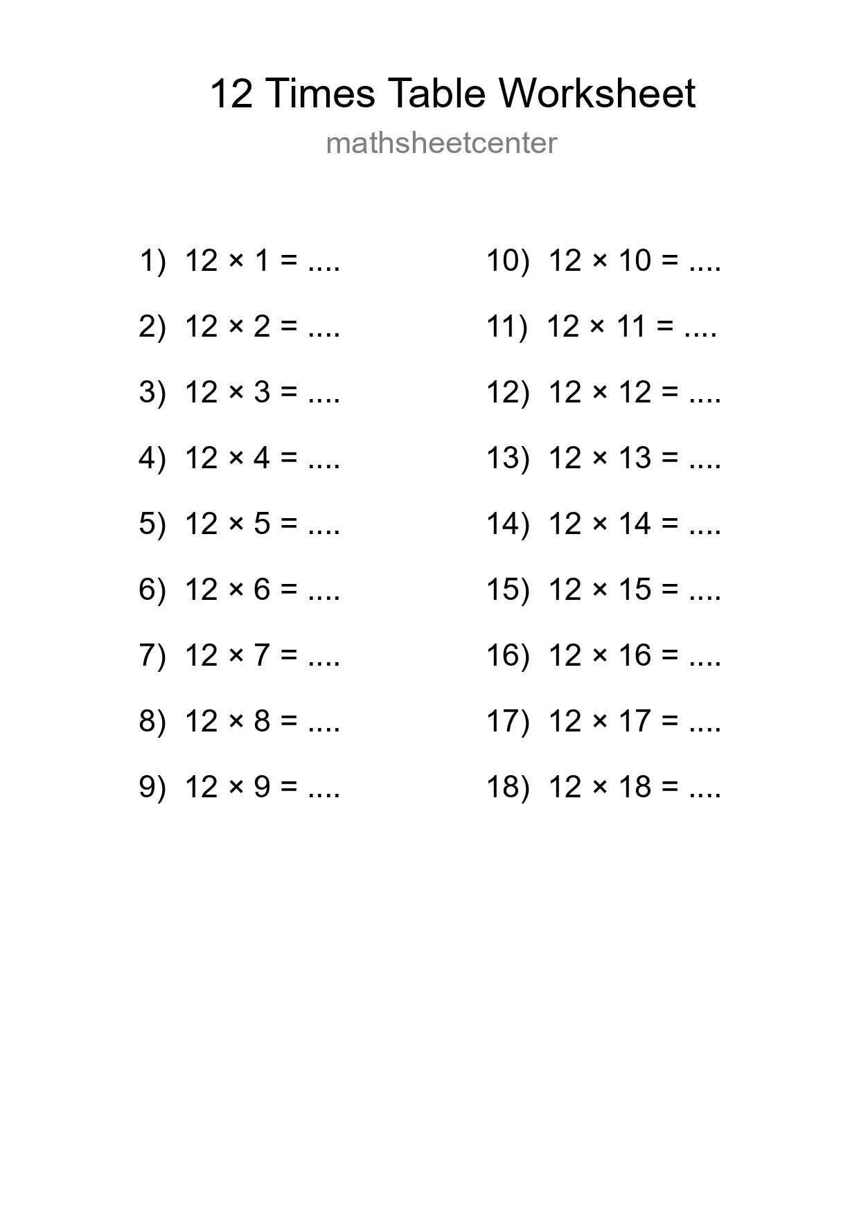 Printable 12 Times Table Worksheet For Grade 4 - Part 152