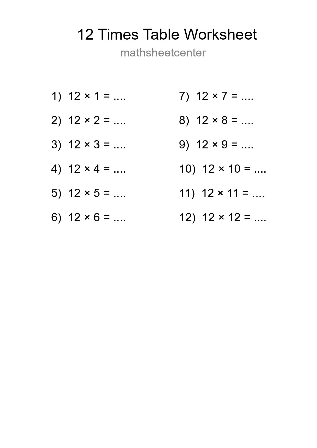 Printable 12 Times Table Worksheet For Grade 4 - Part 86