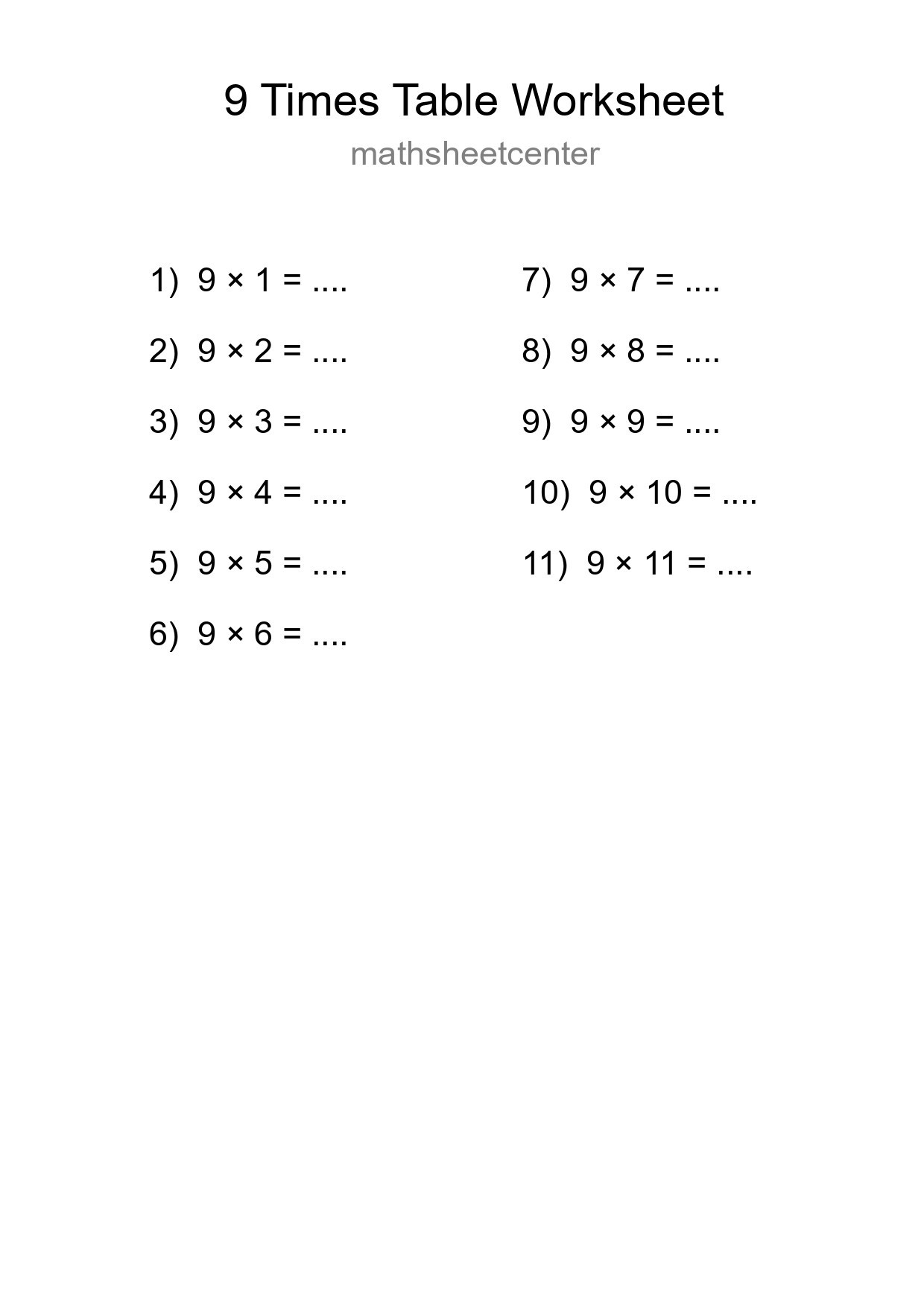 Printable 9 Times Table Worksheet For Grade 3 - Part 185